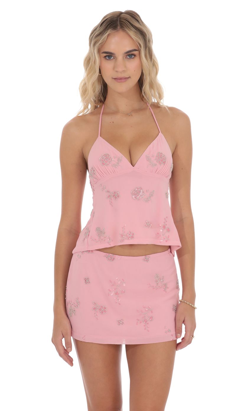 Sequin Beaded Floral Skirt in Pink