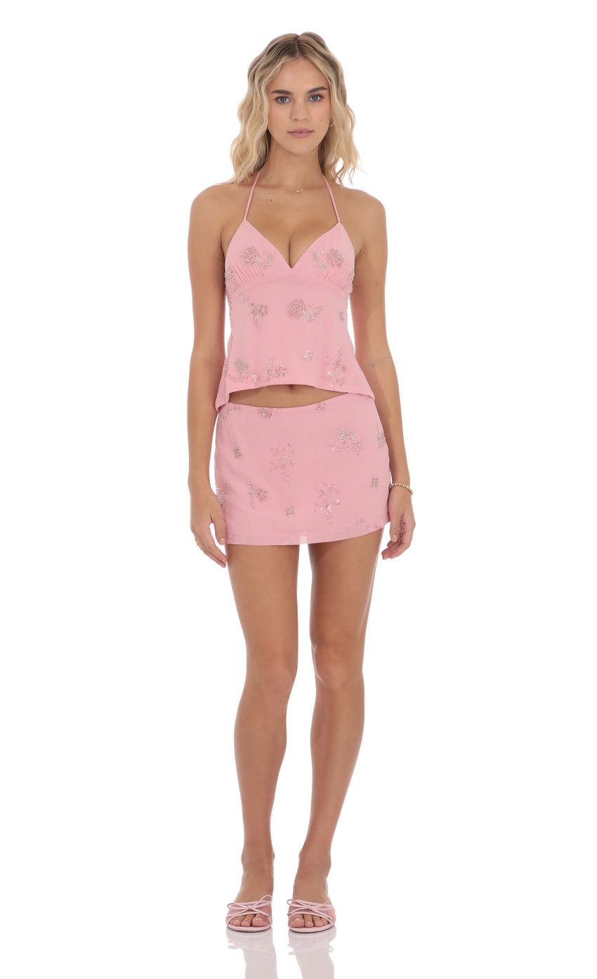 Sequin Beaded Floral Top in Pink
