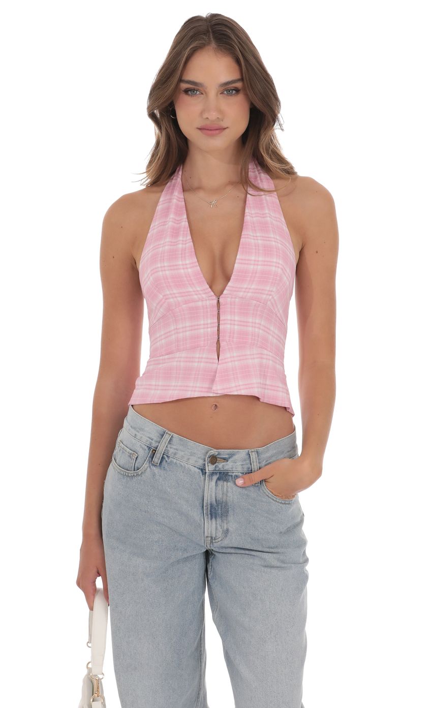 Plaid V-Neck Halter Top in Pink