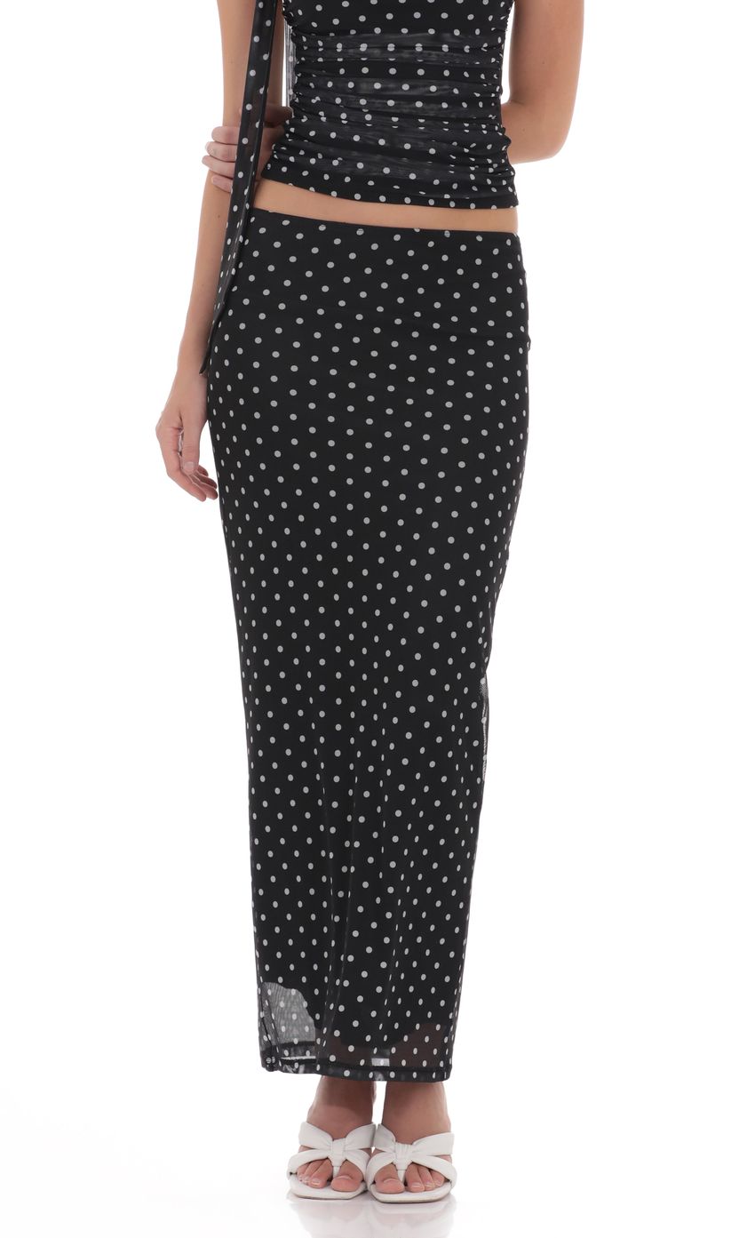 Polka Dot Mesh Pencil Maxi Skirt in Black