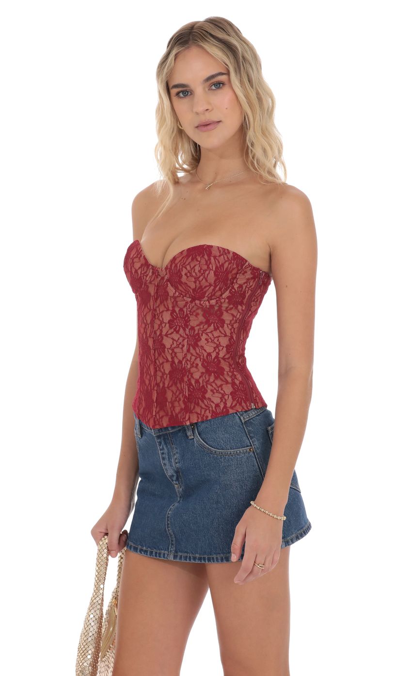 Strapless Lace Corset Top in Red and Tan