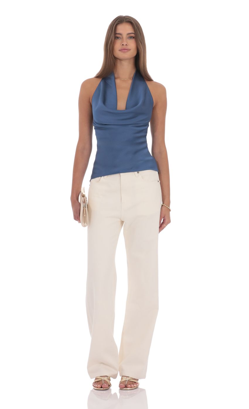 Satin Cowl Neck Top in Denim Blue