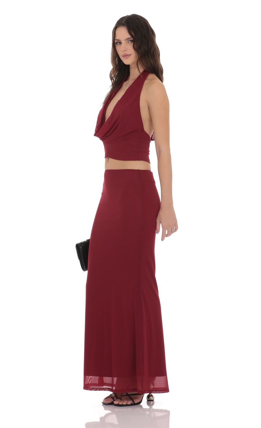 Mesh Plunge Neck Two Piece Set in Maroon