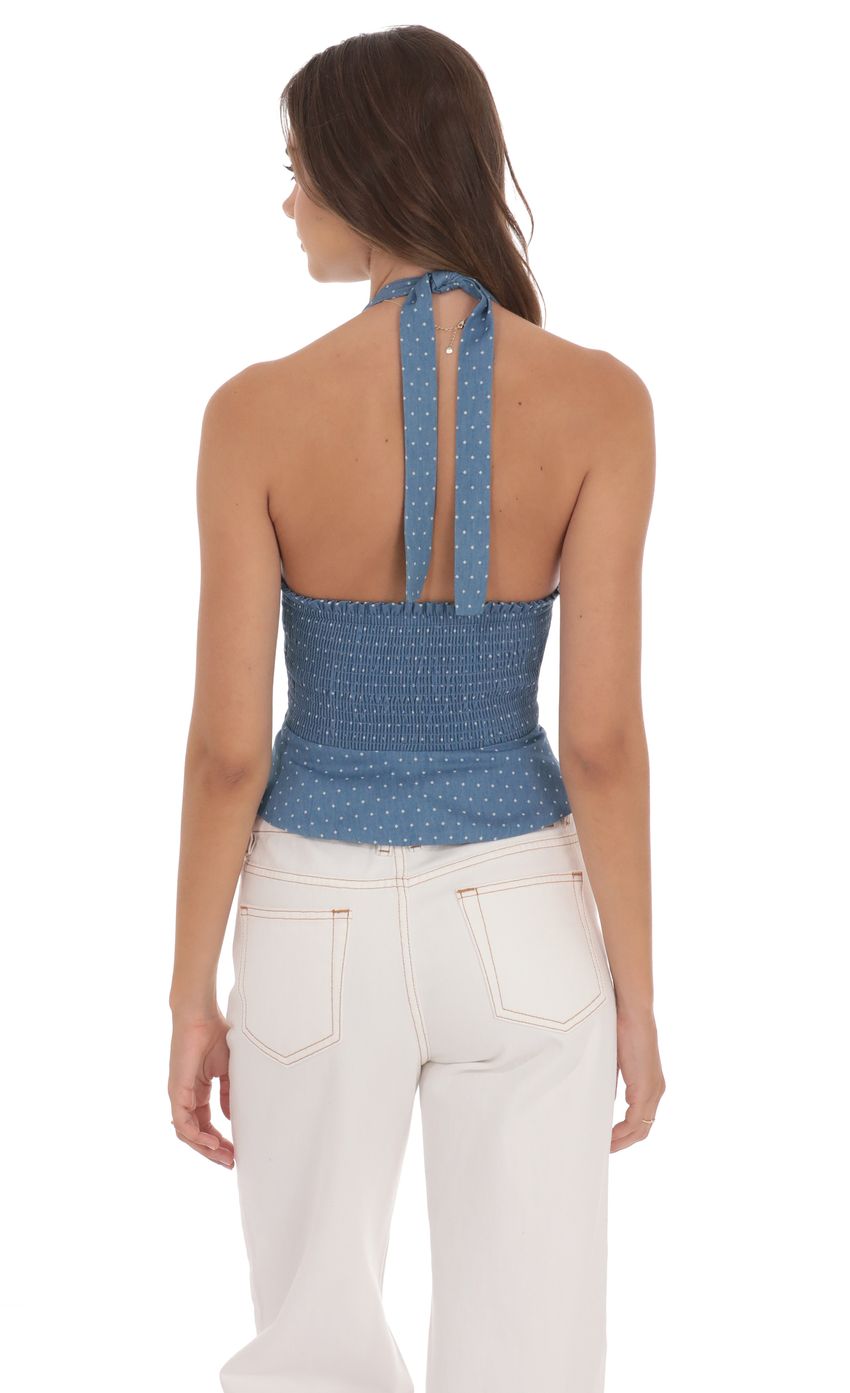 Dotted V-Neck Halter Top in Denim Blue