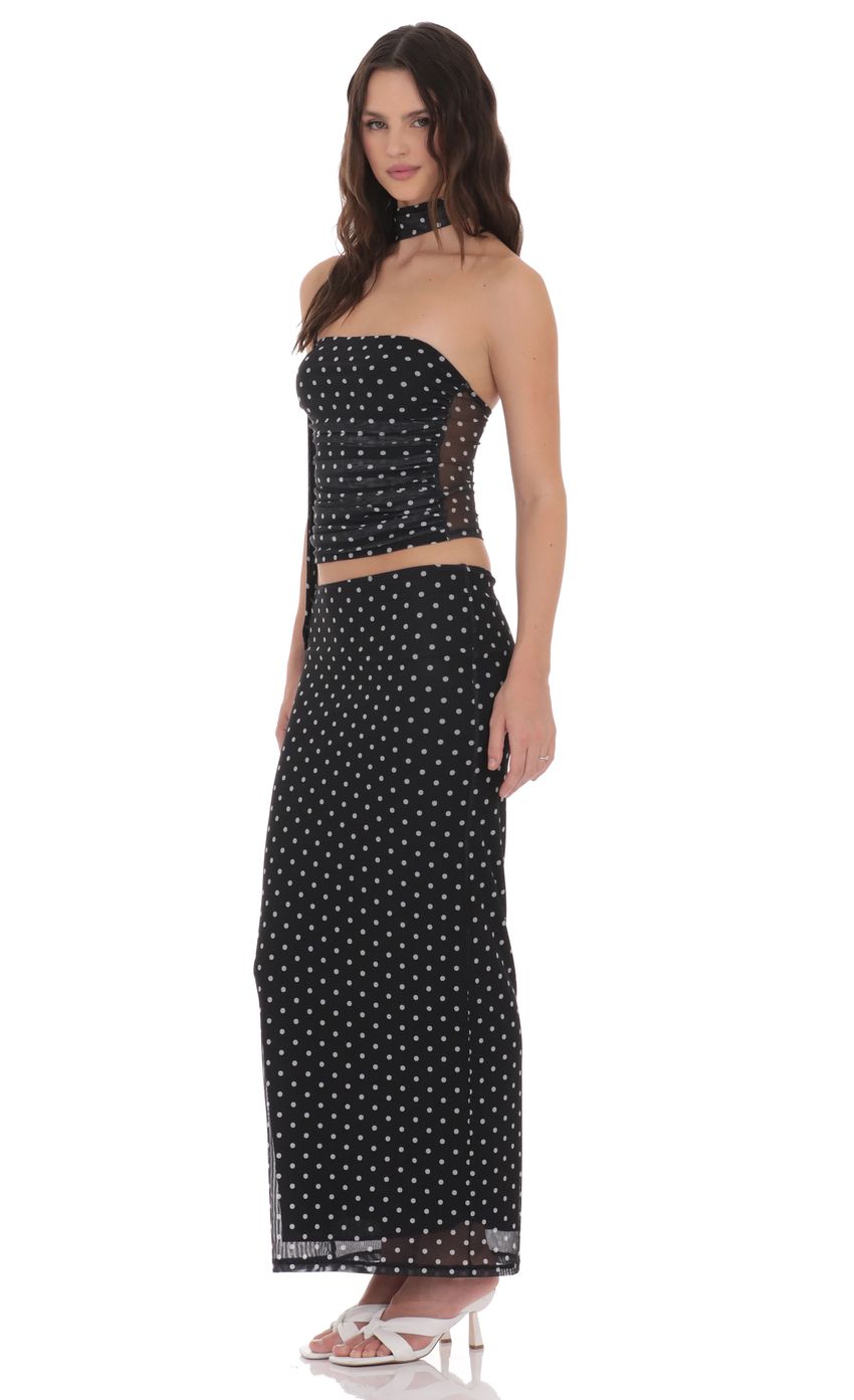 Polka Dot Mesh Pencil Maxi Skirt in Black
