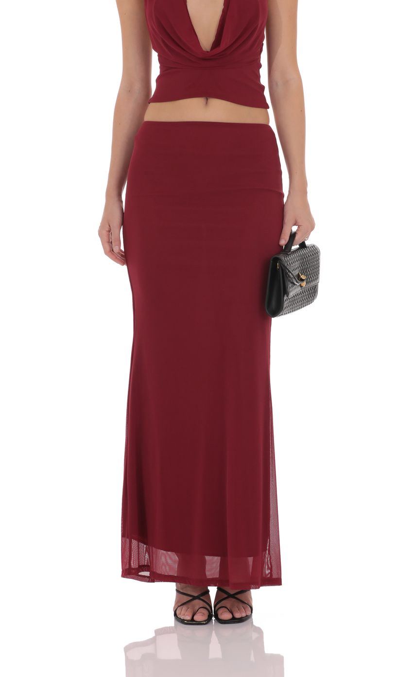 Mesh Plunge Neck Two Piece Set in Maroon