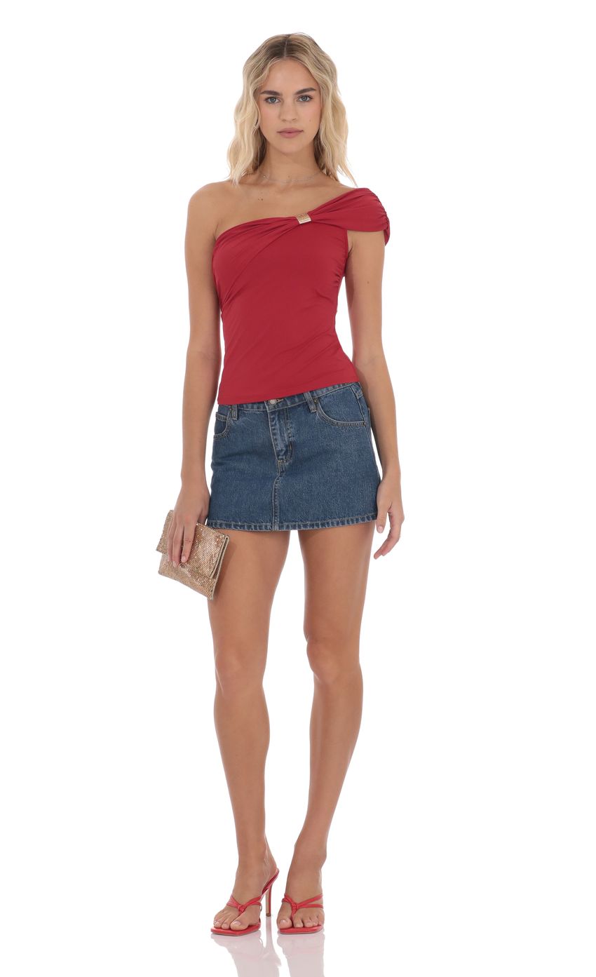 Embellished Capped One Shoulder Top in Red