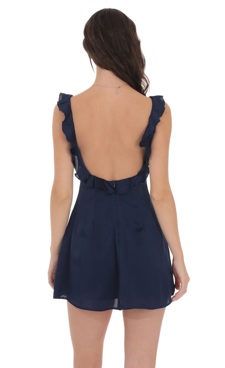 Satin Ruffle V-Neck Dress in Navy