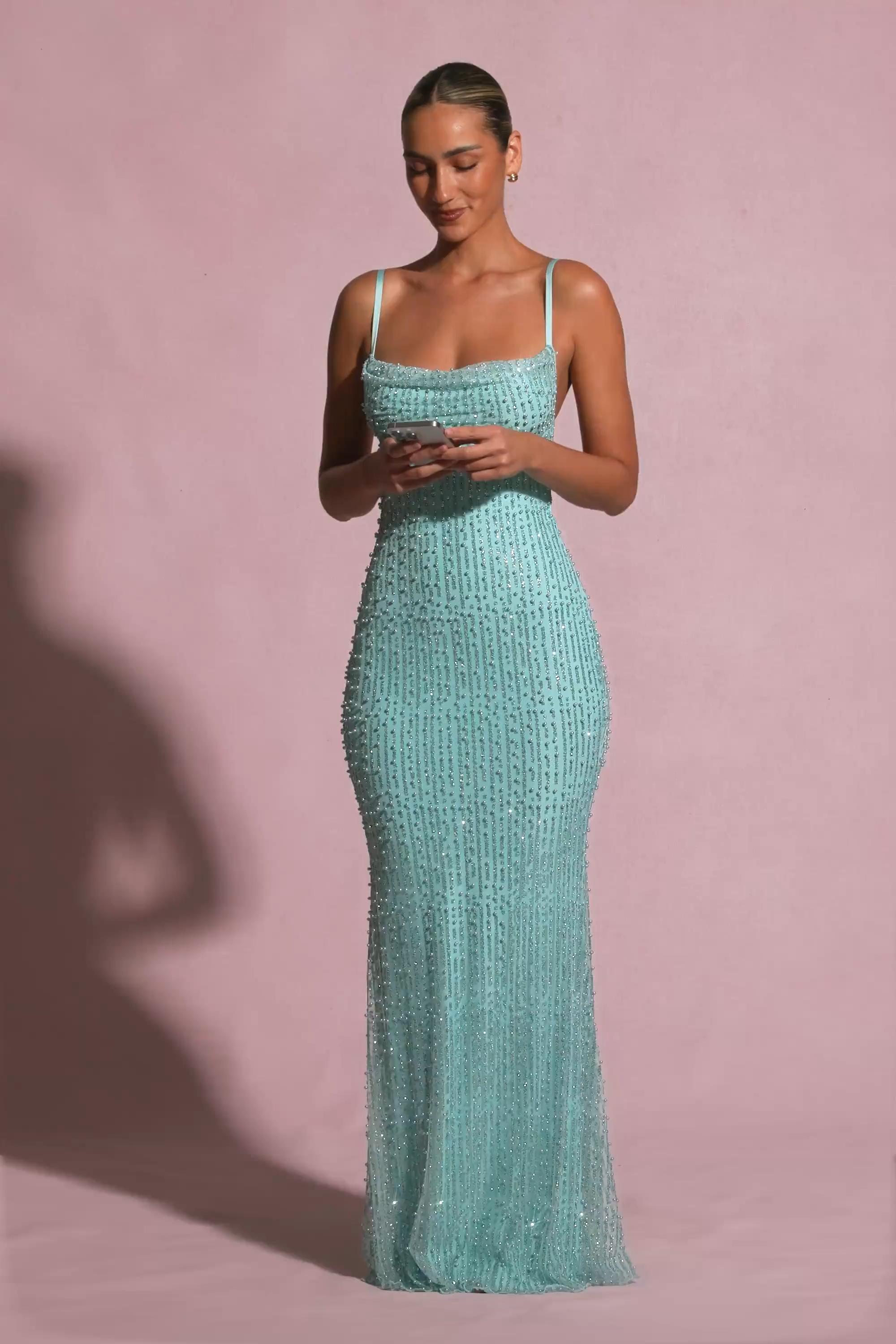 Embellished Cowl-Neck Backless Maxi Dress in Aqua Blue