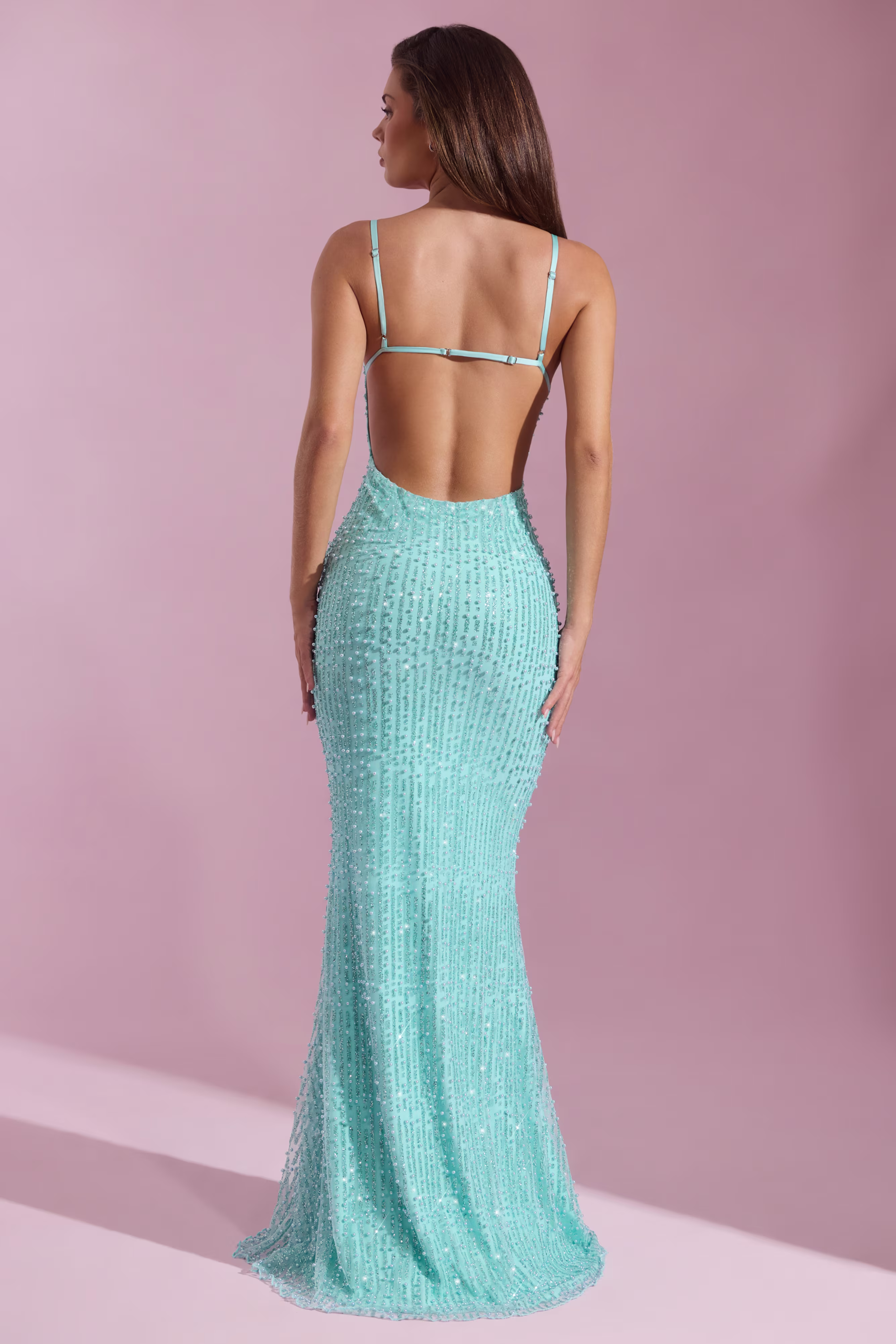 Embellished Cowl-Neck Backless Maxi Dress in Aqua Blue