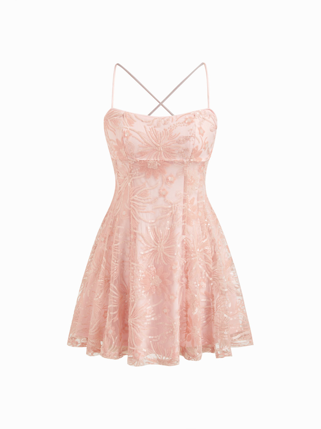 Sequin Floral Square Neck Backless Criss Cross Mini Dress