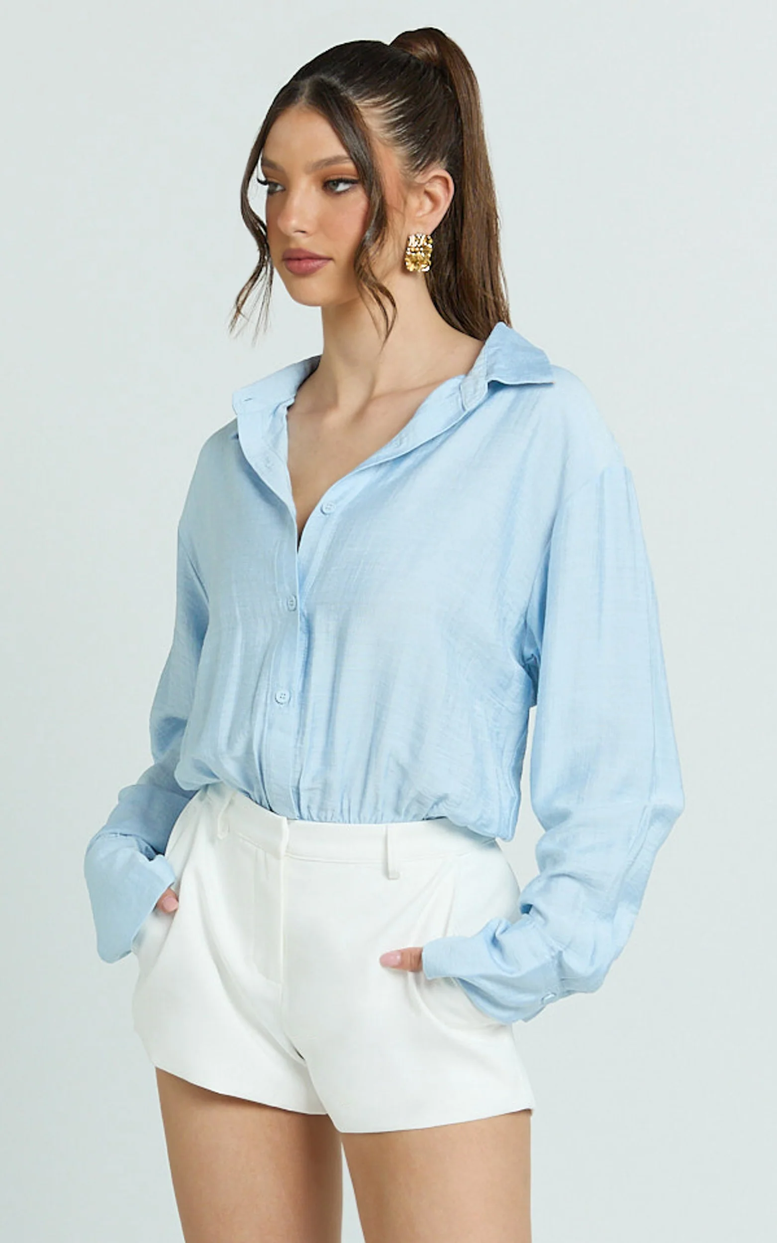 Kimberly Bodysuit - Relaxed Shirt Bodysuit in Baby Blue