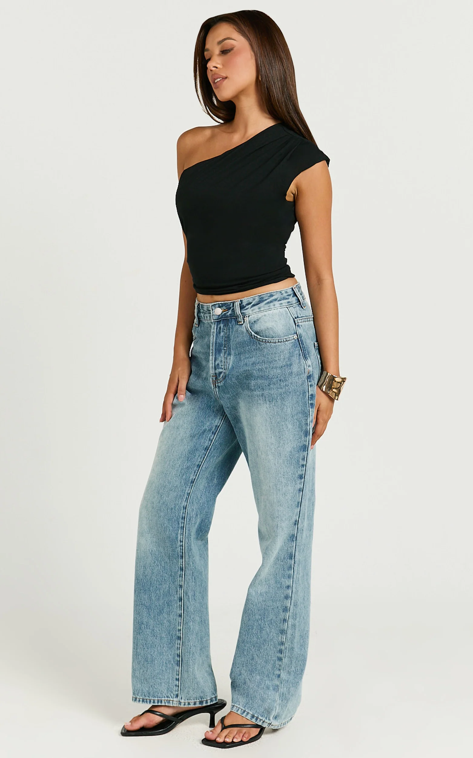 Renner Top - Gathered Extended One Shoulder Top in Black