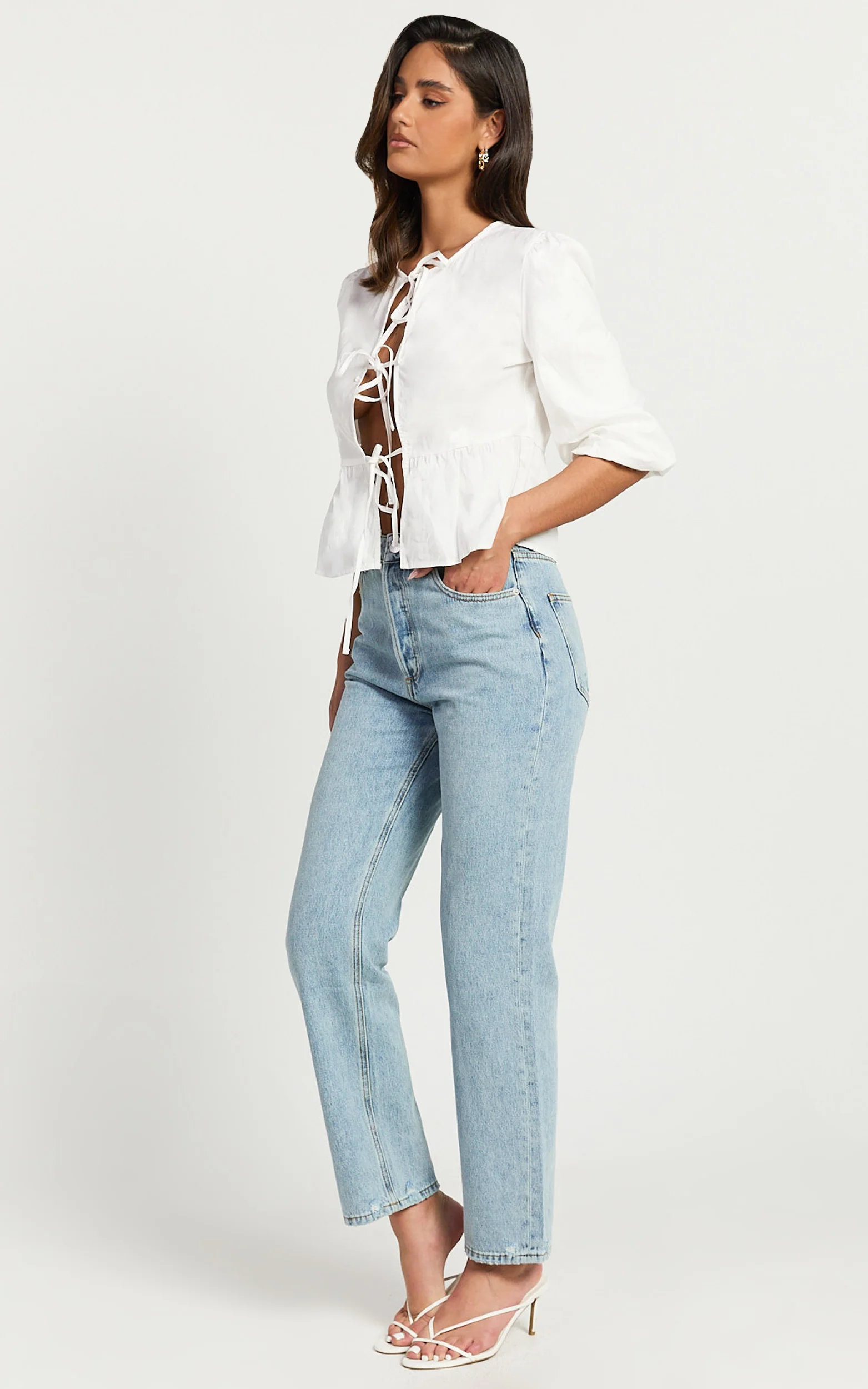 Tara Top - Tie Front Detail Puff Sleeve Top in White