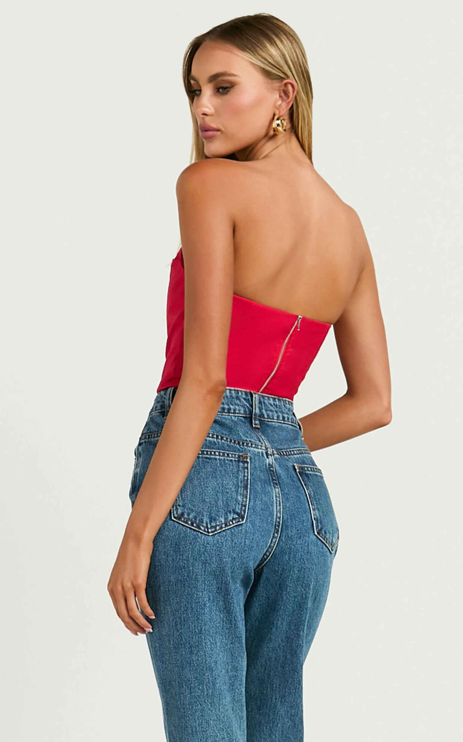 Marcelle Top - Strapless Cowl Corset Satin Top in Red