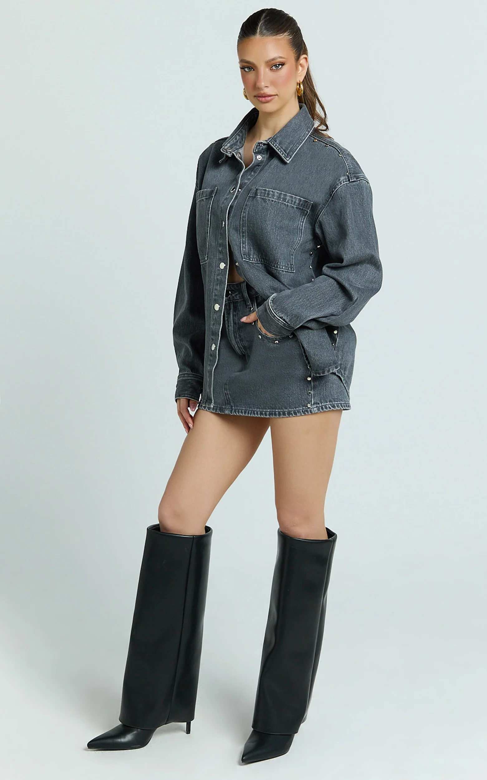 Makayla Top - Long Sleeve Stud Detail Denim Shirt in Dark Grey