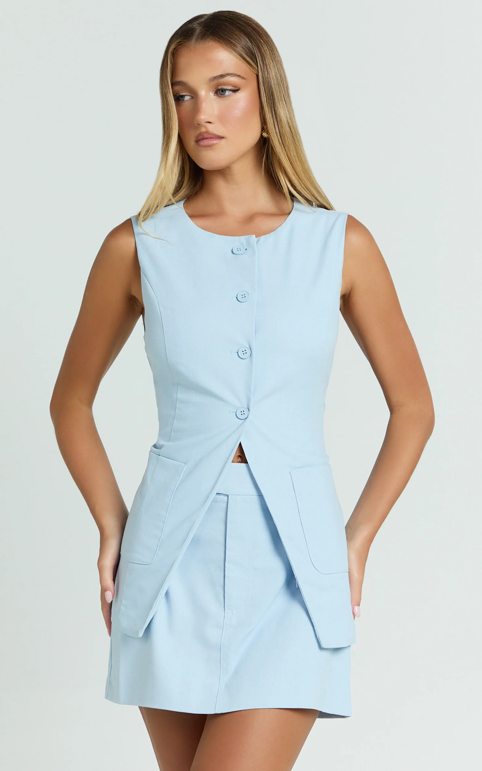 Nicolina Top - Linen Scoop Neck Button Down Vest Top in Pale Blue