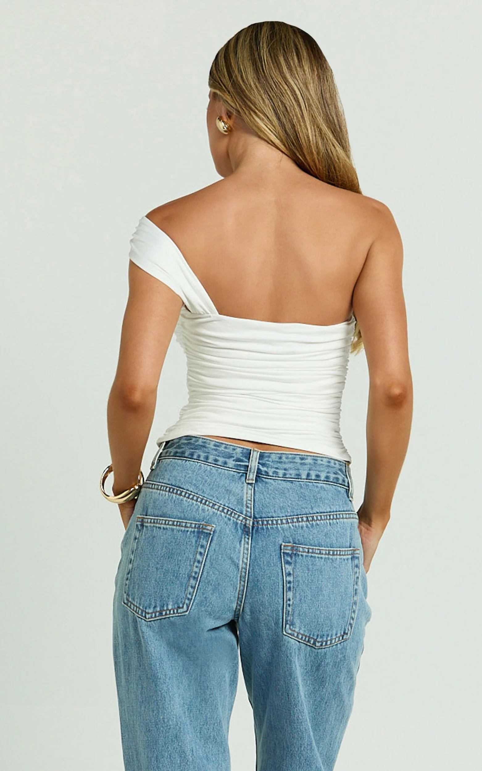 Lennox Top - Asymmetrical Gathered Shoulder Jersey Top in White
