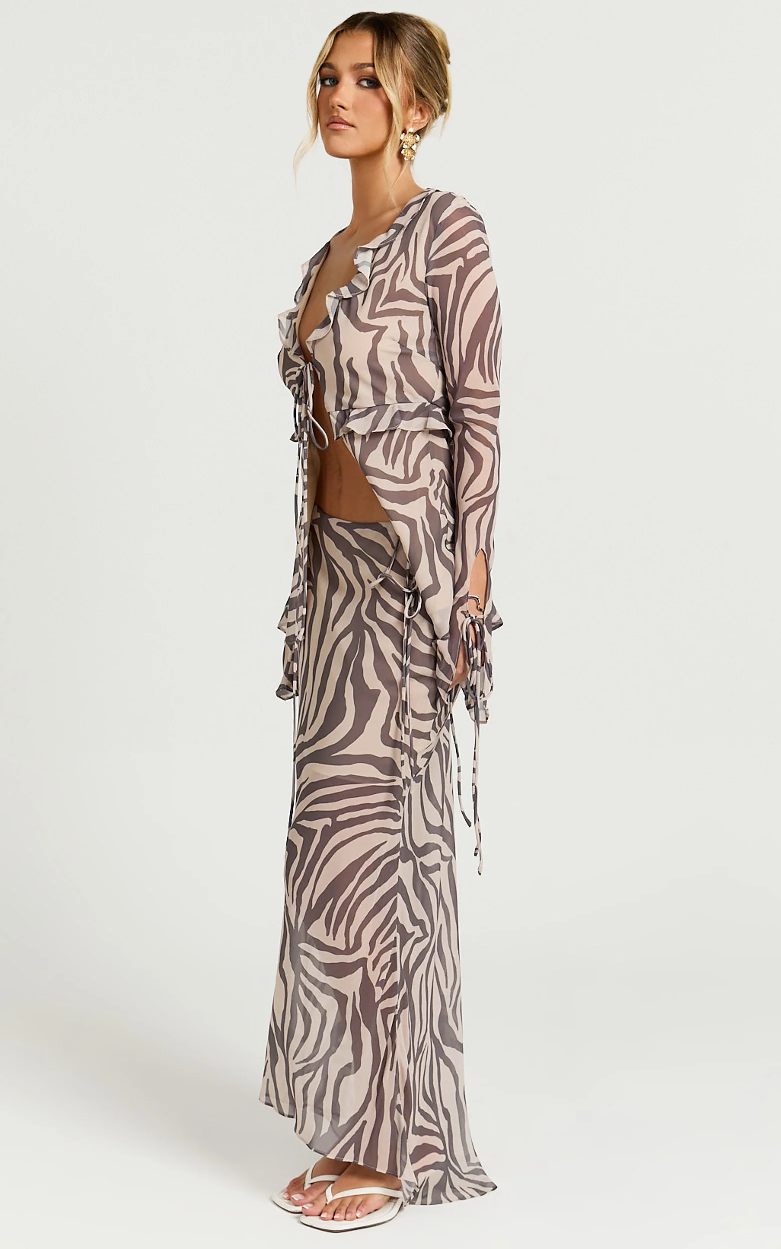 Rita Top - Georgette Tie Front Flared Sleeve Top in Abstract Zebra Print