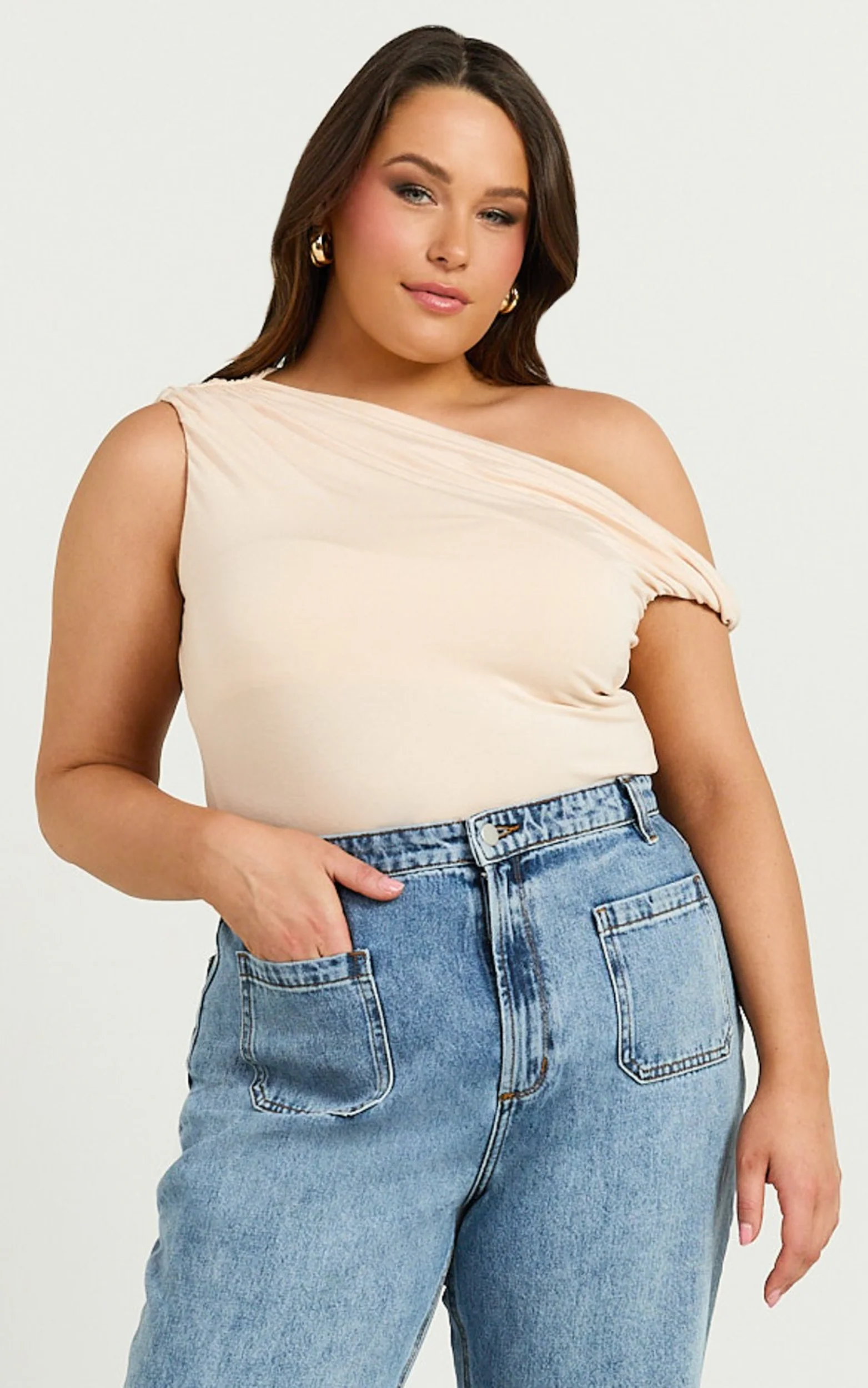 Jialeen Top - Off Shoulder Twist Asymmetrical Sleeve Top in Sand