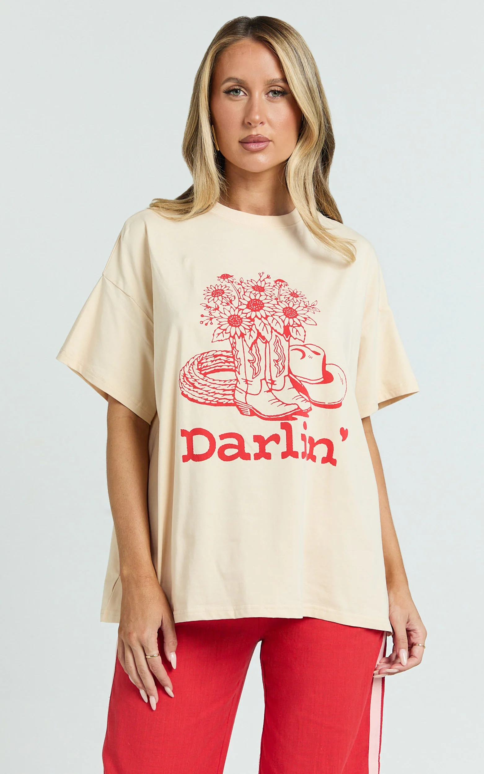 Alena Top - Oversized Darlin Print Tee in Beige