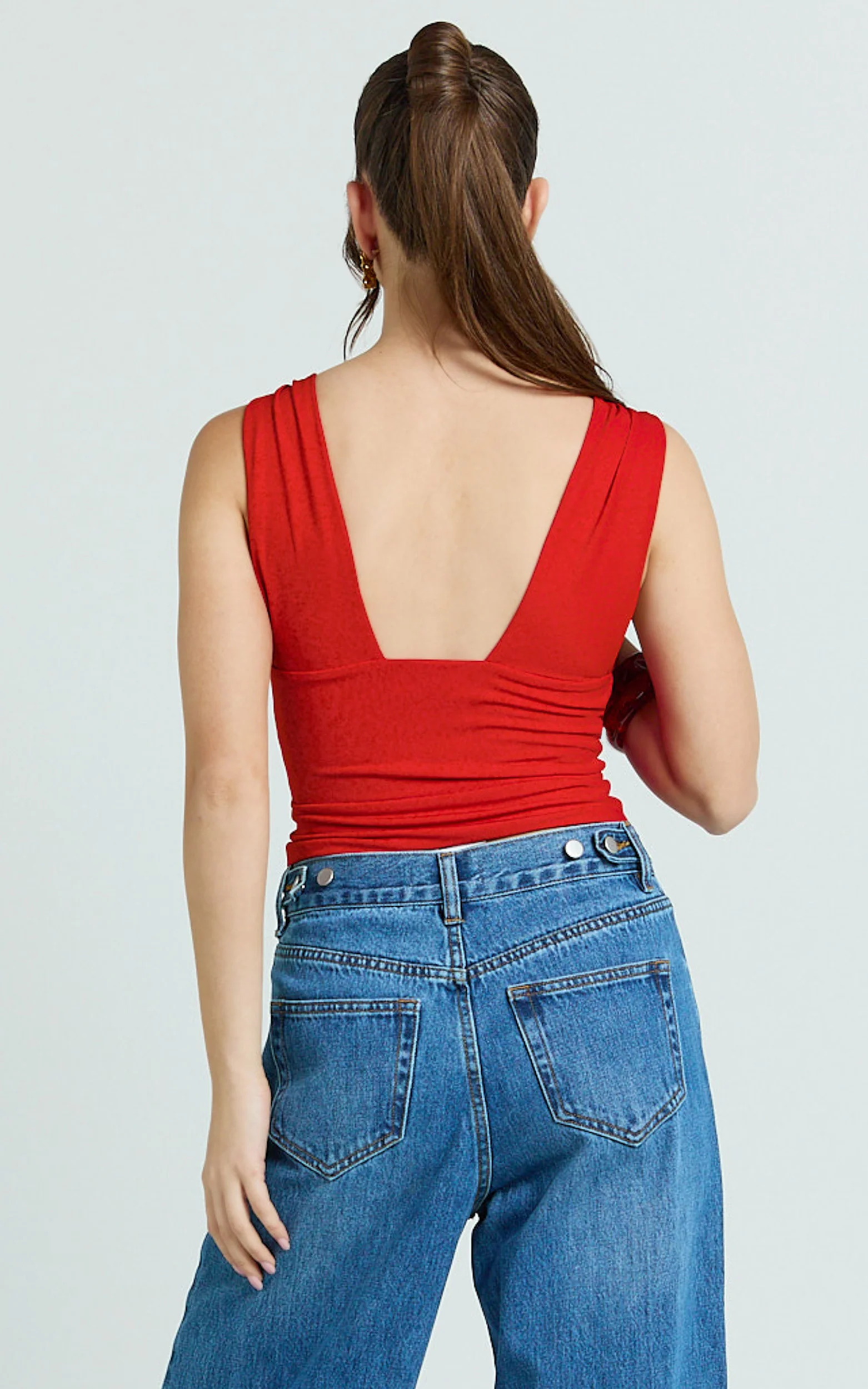 Gail Top - Jersey V Neck Gathered Long Line Top in Ruby