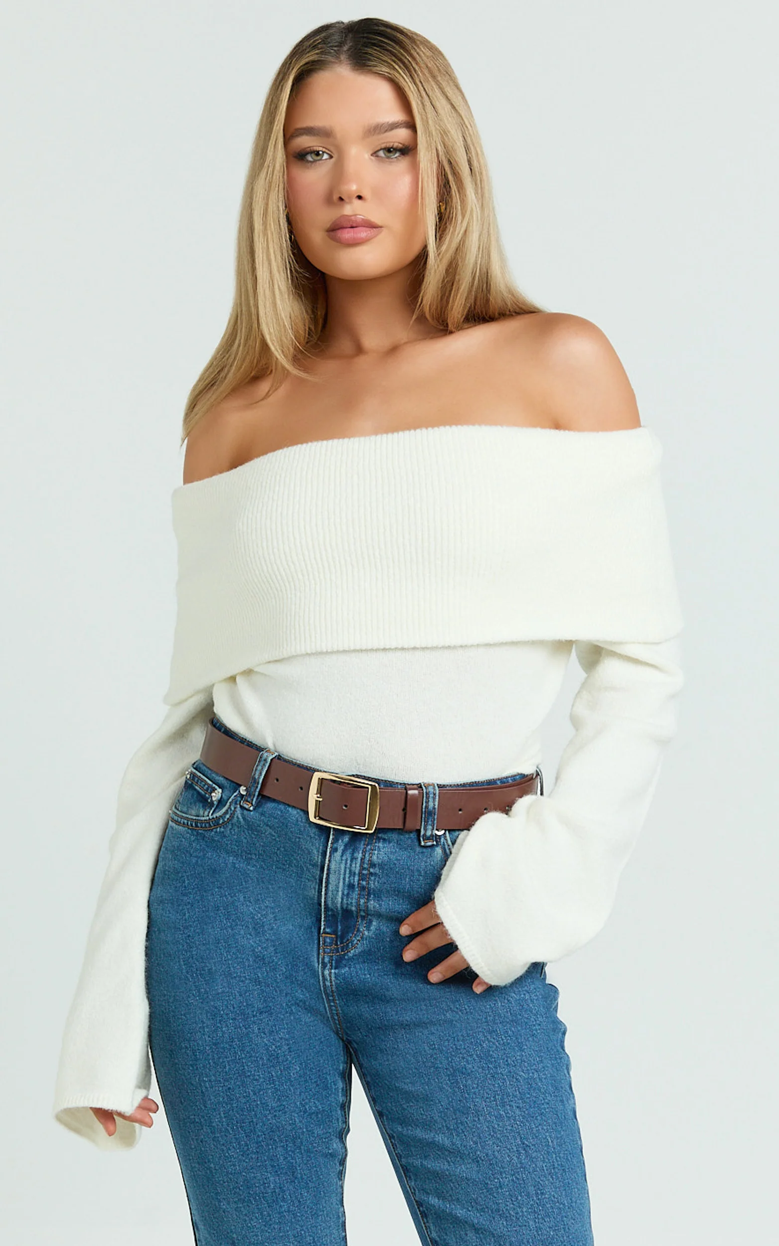 Darcie Top - Off Shoulder Long Sleeve Knitted Top in Cream