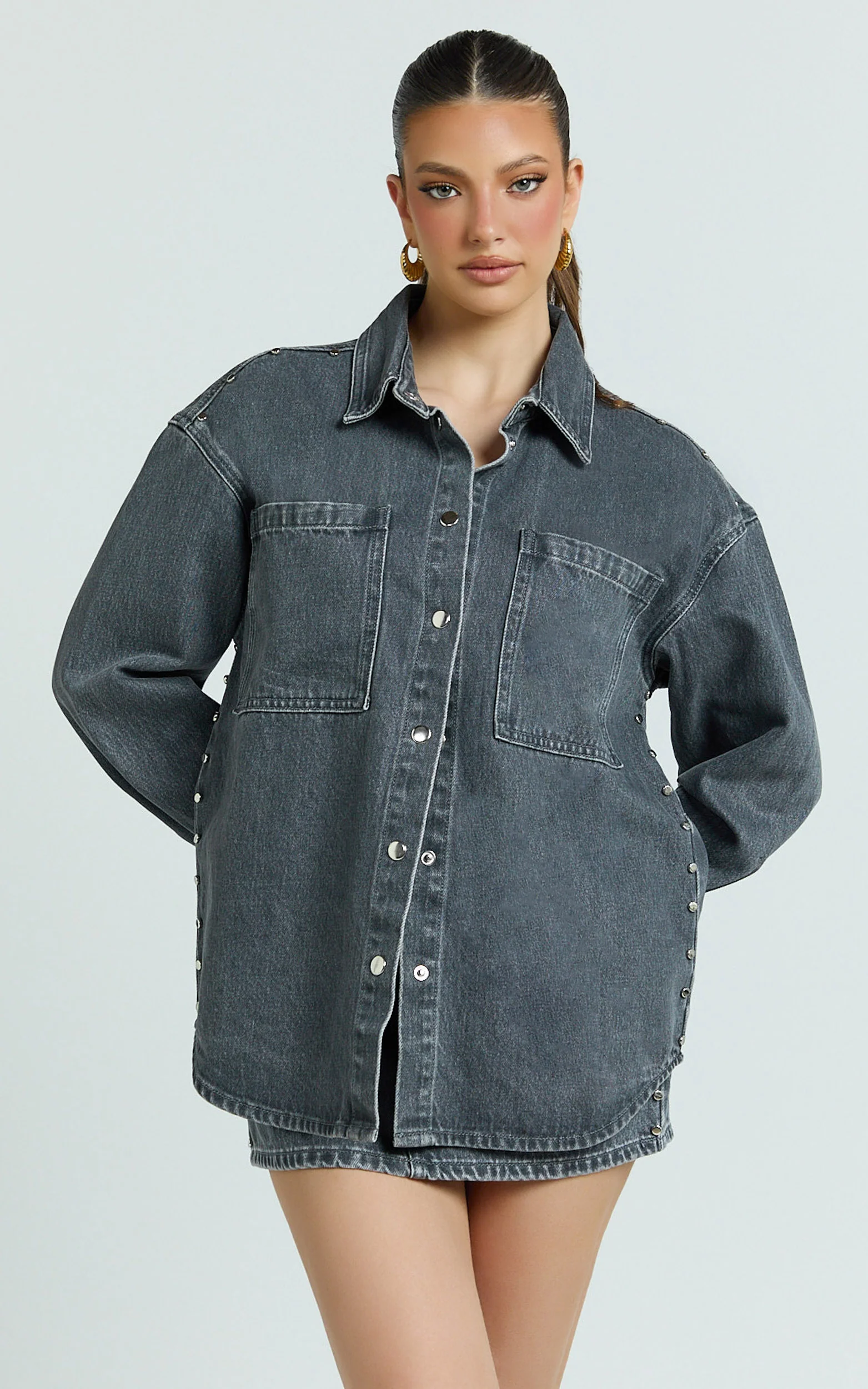 Makayla Top - Long Sleeve Stud Detail Denim Shirt in Dark Grey