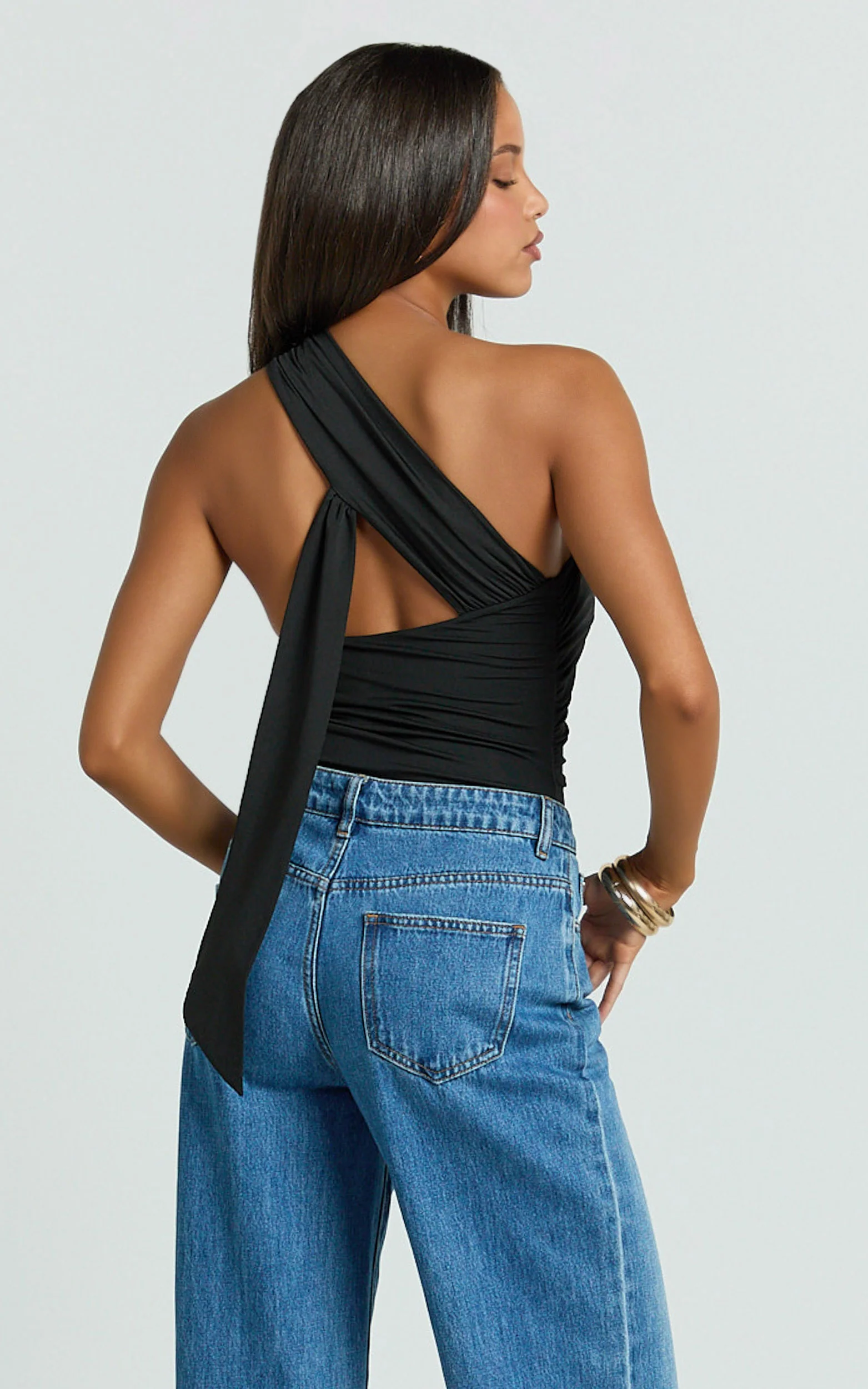 Vivi Bodysuit - One Shoulder Bodysuit With Scarf Back in Black