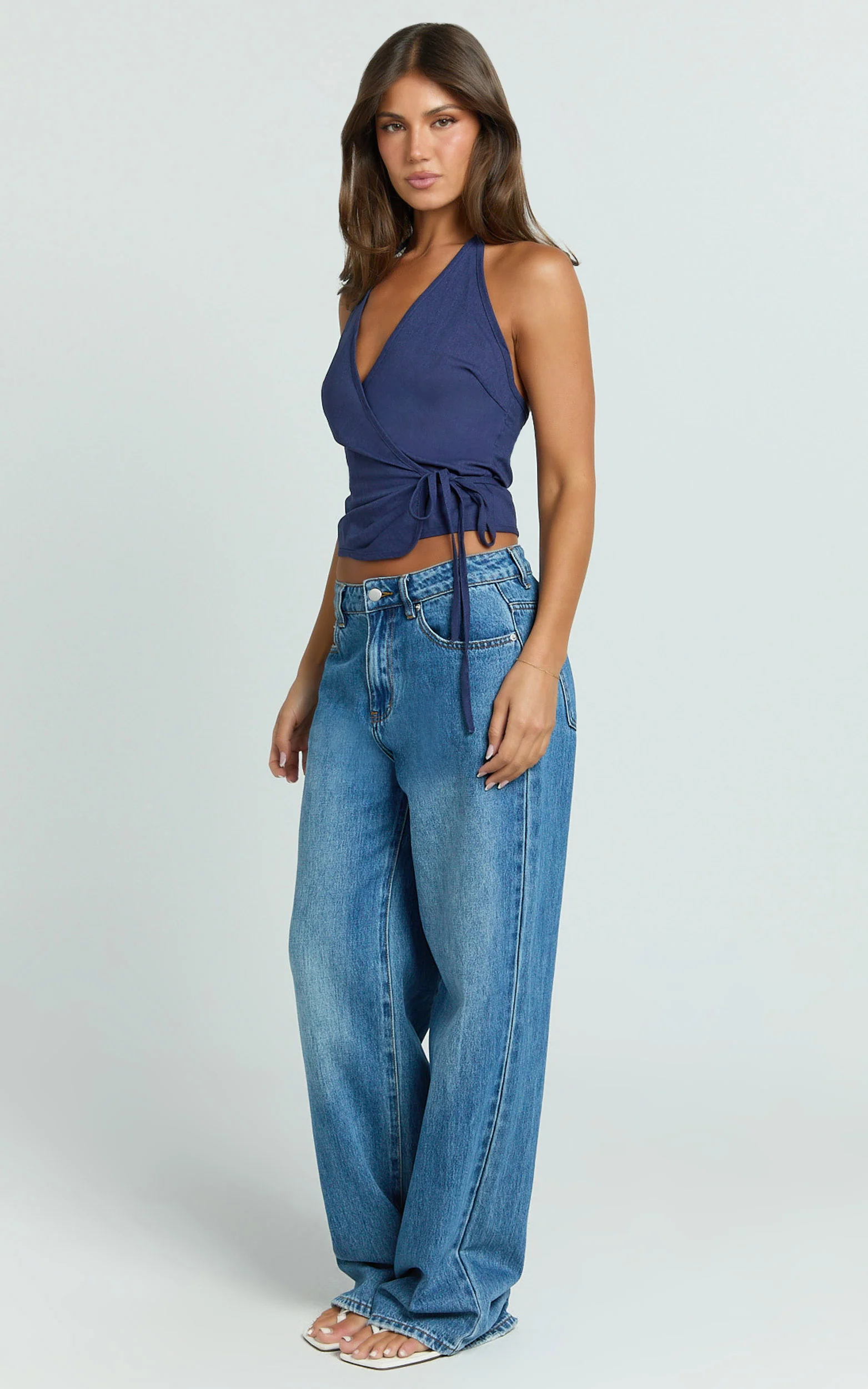 Raya Top - Deep V Halter Neck Wrap Top in Navy