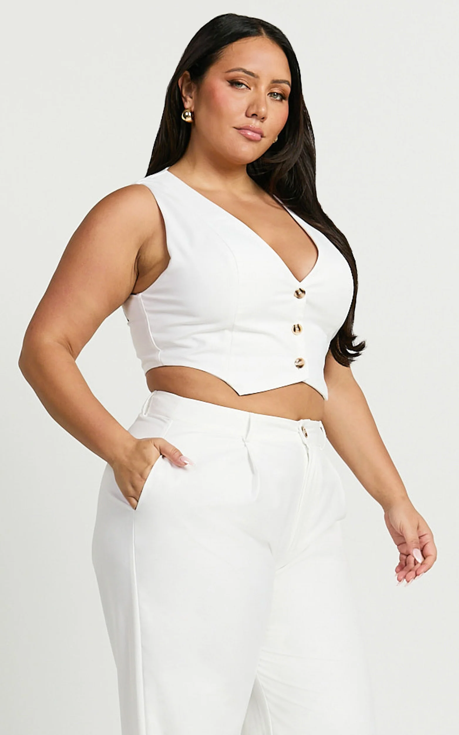 Izara Vest - V Neck Button Up Cropped Vest in Warm White