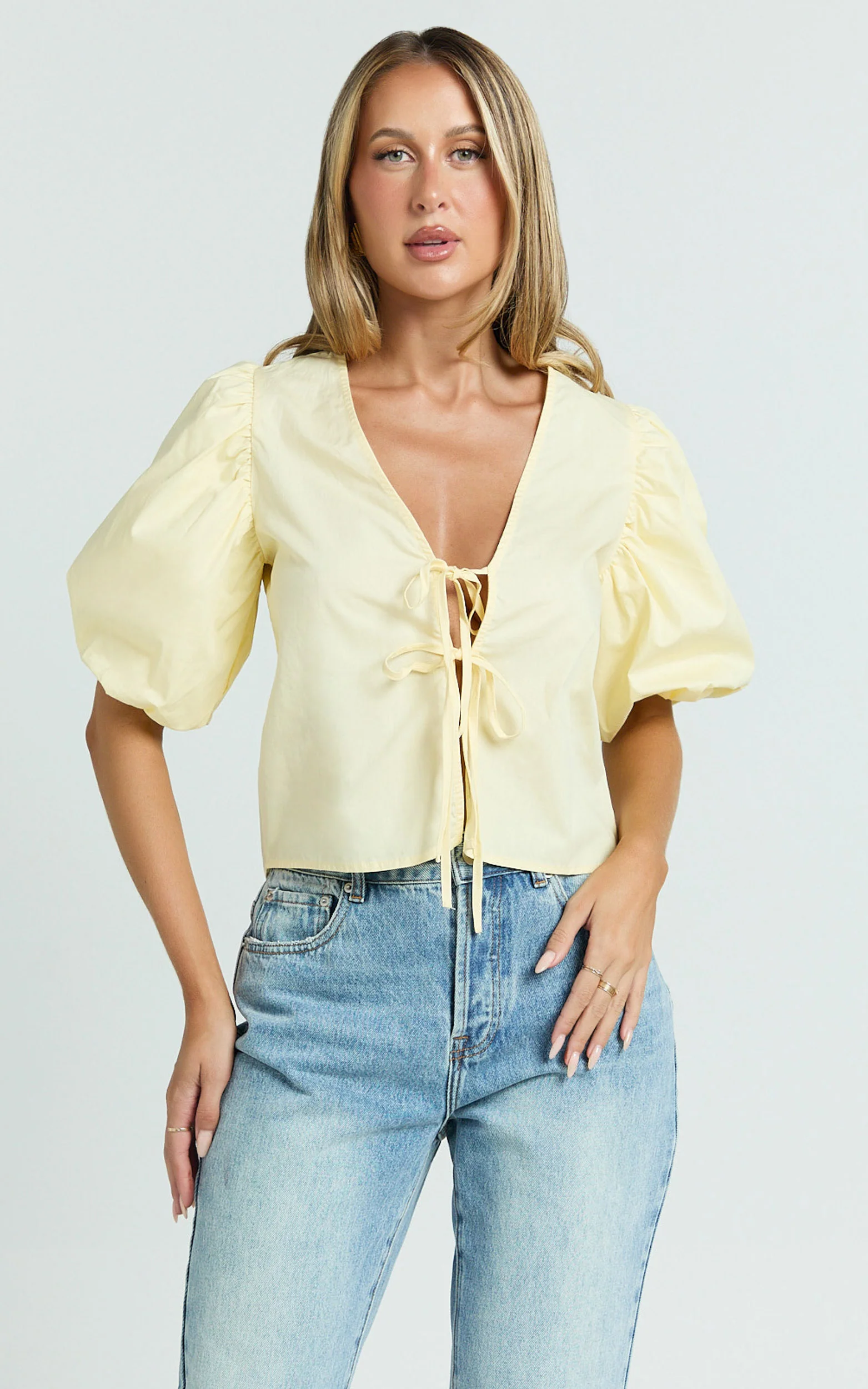 Dana Top - Bow Tie Front Puff Sleeve Blouse in Lemon