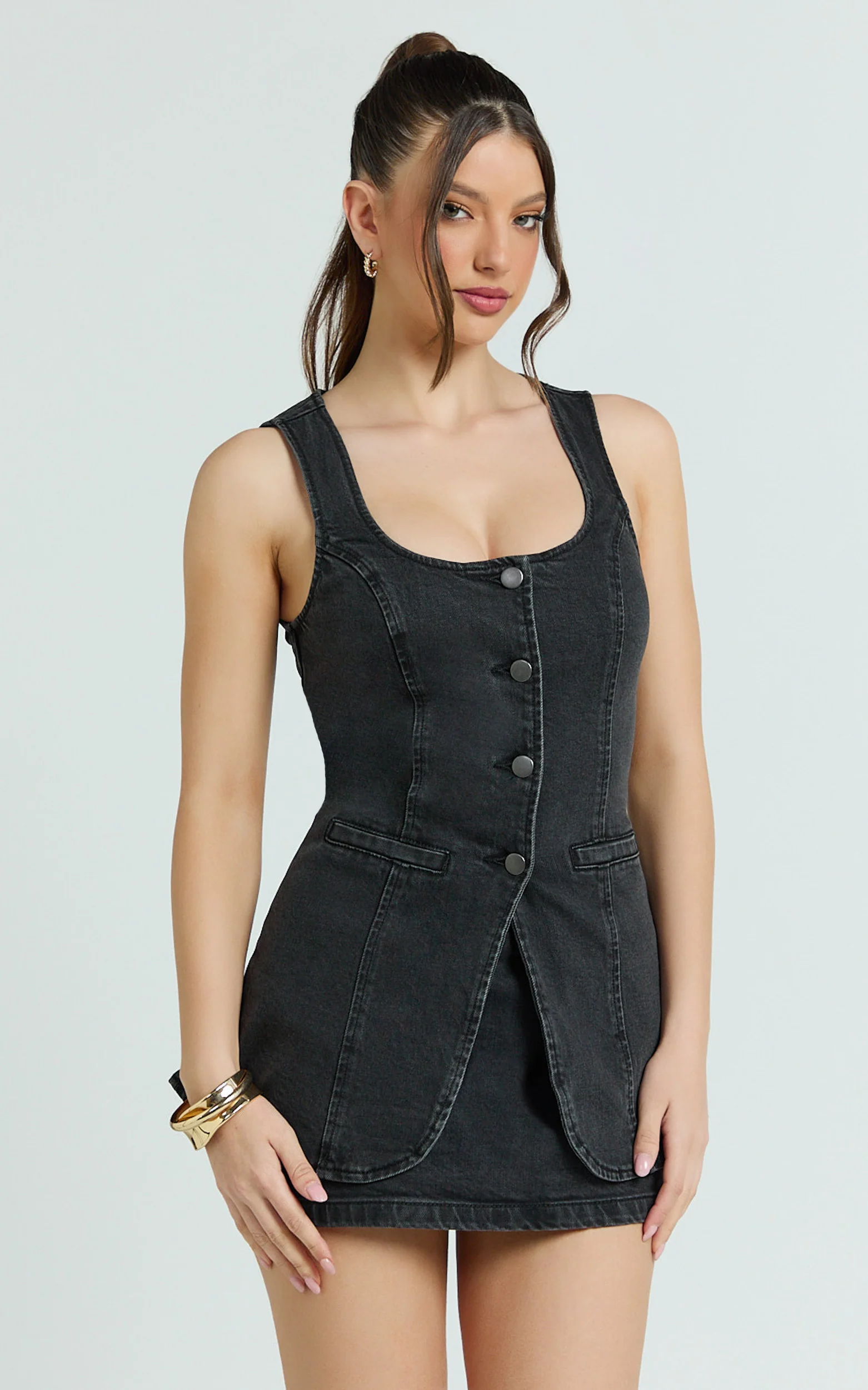 Raquel Top - Denim Scoop Neck Button Down Vest in Washed Black