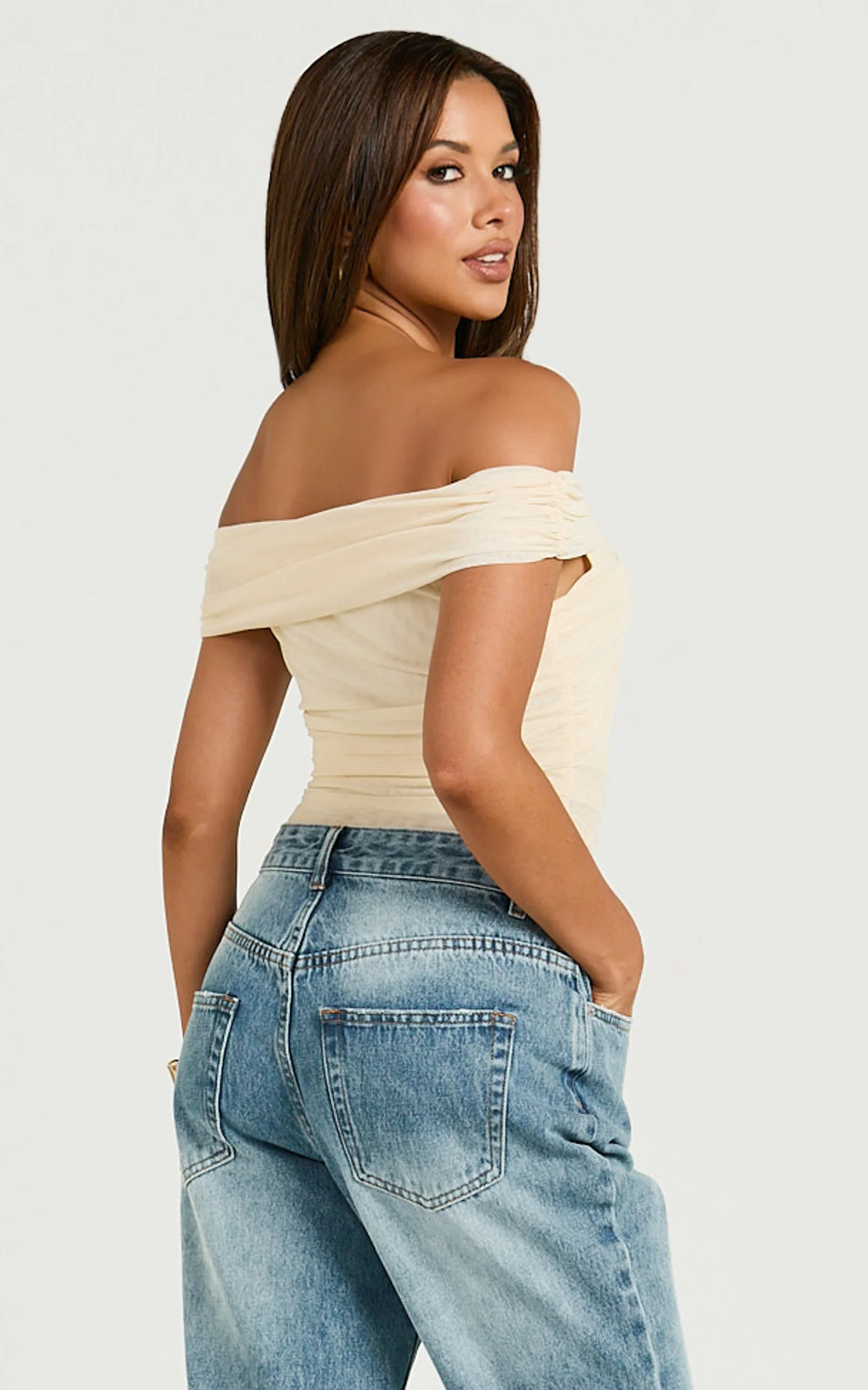 Carina Bodysuit - Twist Front Off Shoulder Mesh Bodysuit in Cream