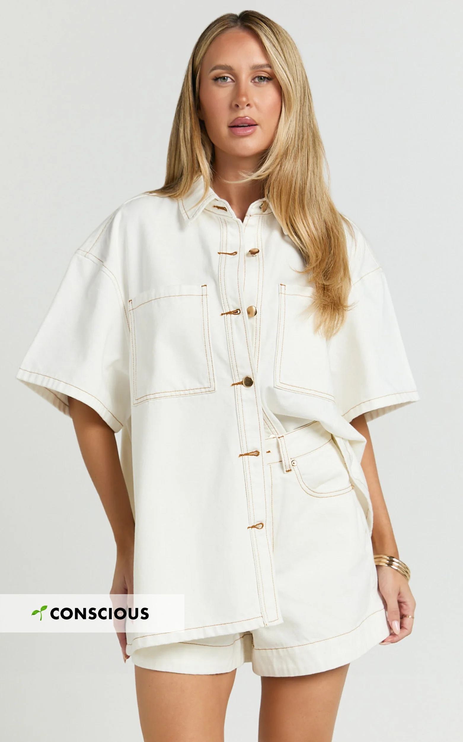 Rhianna Top - Oversized Recycled Denim Hardware Detail Short Sleeve Shirt in Ecru with Contrast Tobacco Stitch