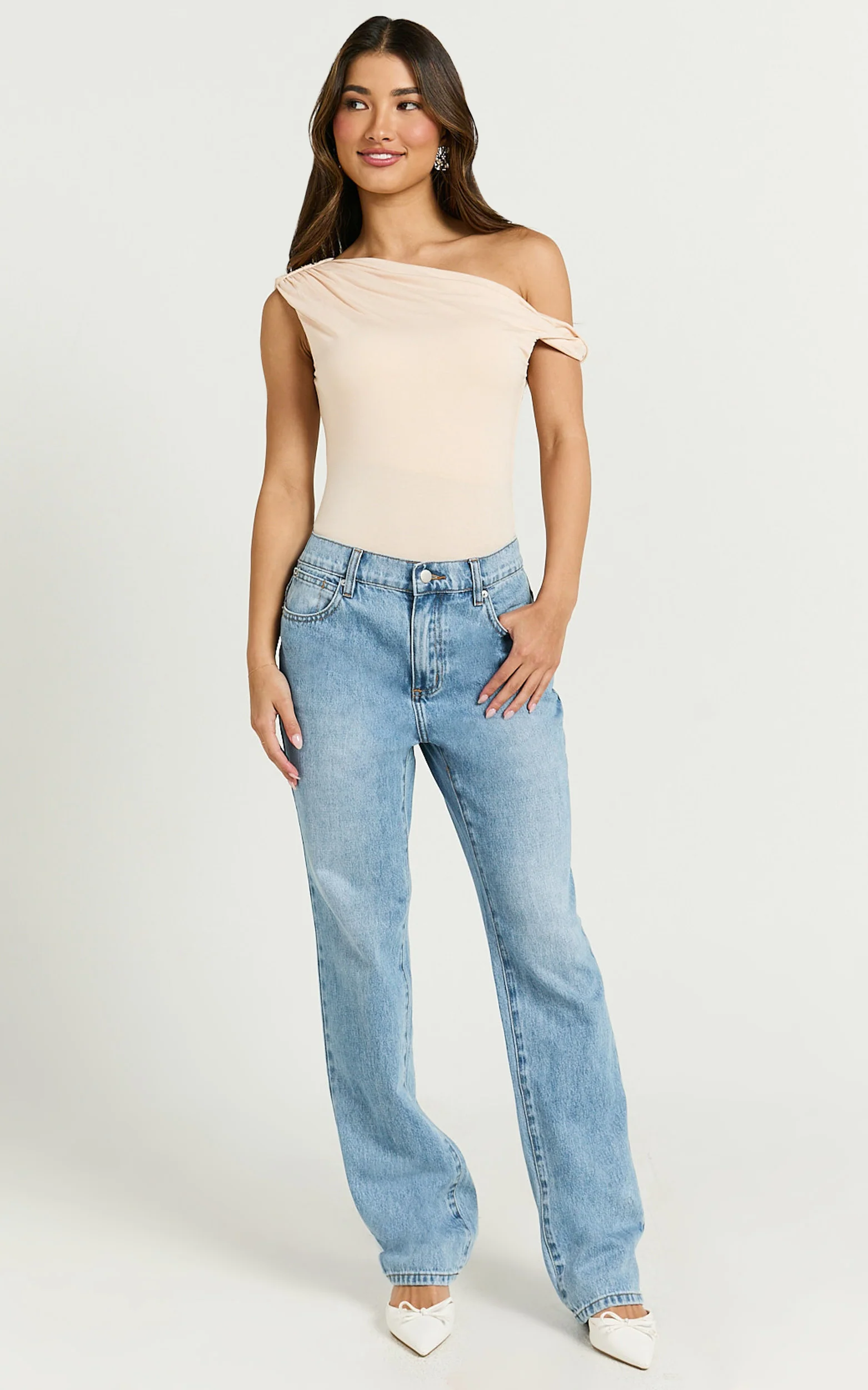 Jialeen Top - Off Shoulder Twist Asymmetrical Sleeve Top in Sand