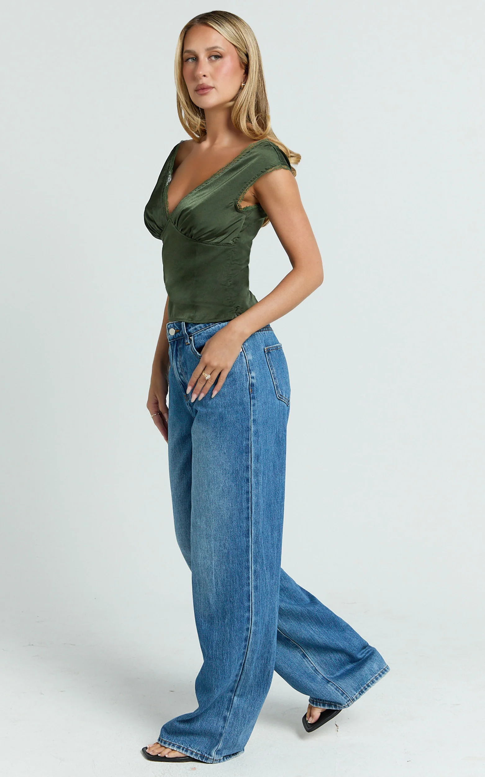 Gloria Top - V Neck Lace Detail Cap Sleeve Top in Sage