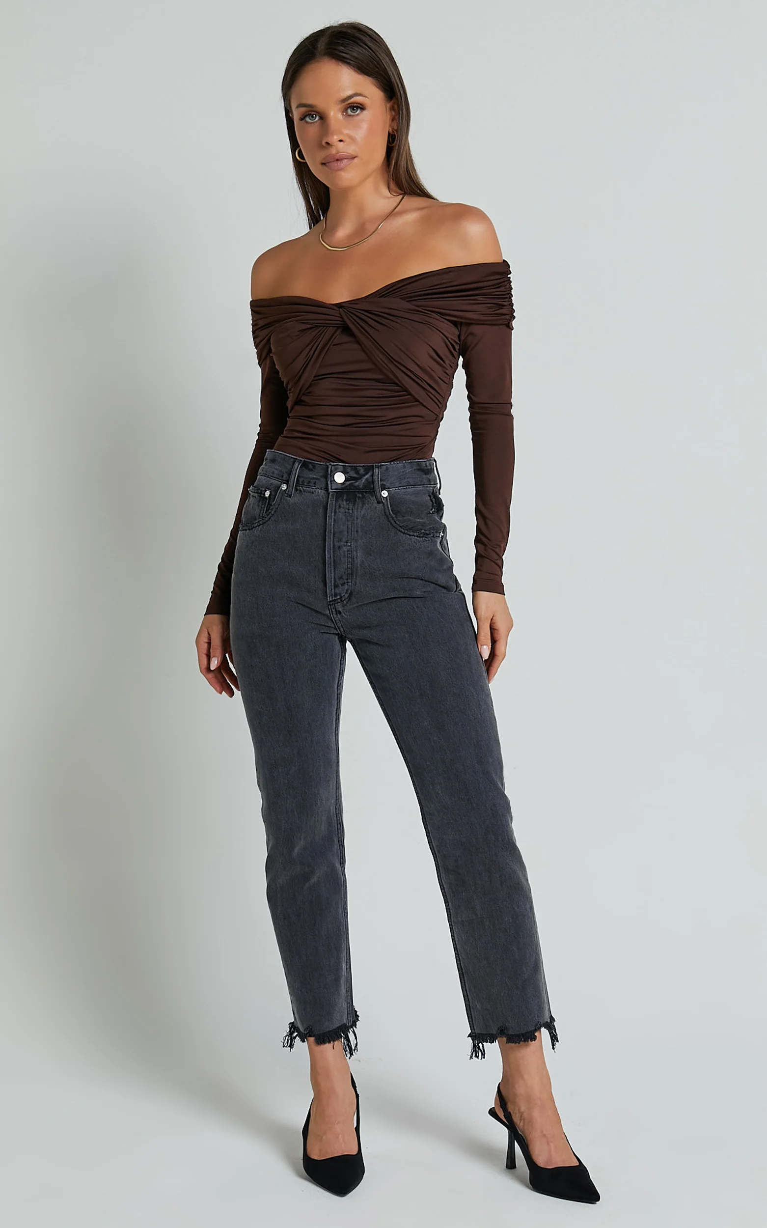 Shamaira Bodysuit - Twist Front Off Shoulder Long Sleeve in Brown
