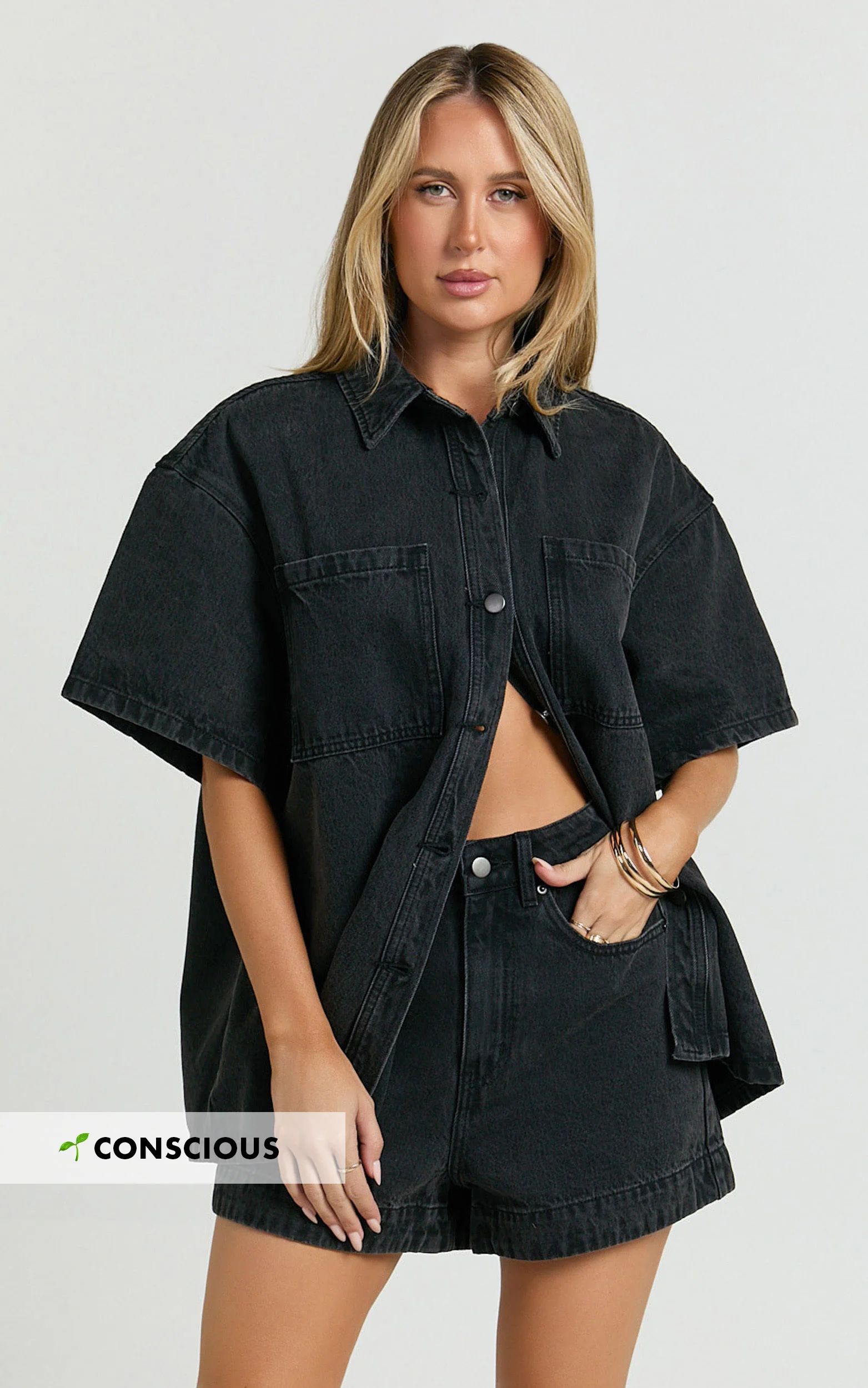 Rhianna Top - Oversized Recycled Denim Hardware Detail Short Sleeve Shirt in Washed Black