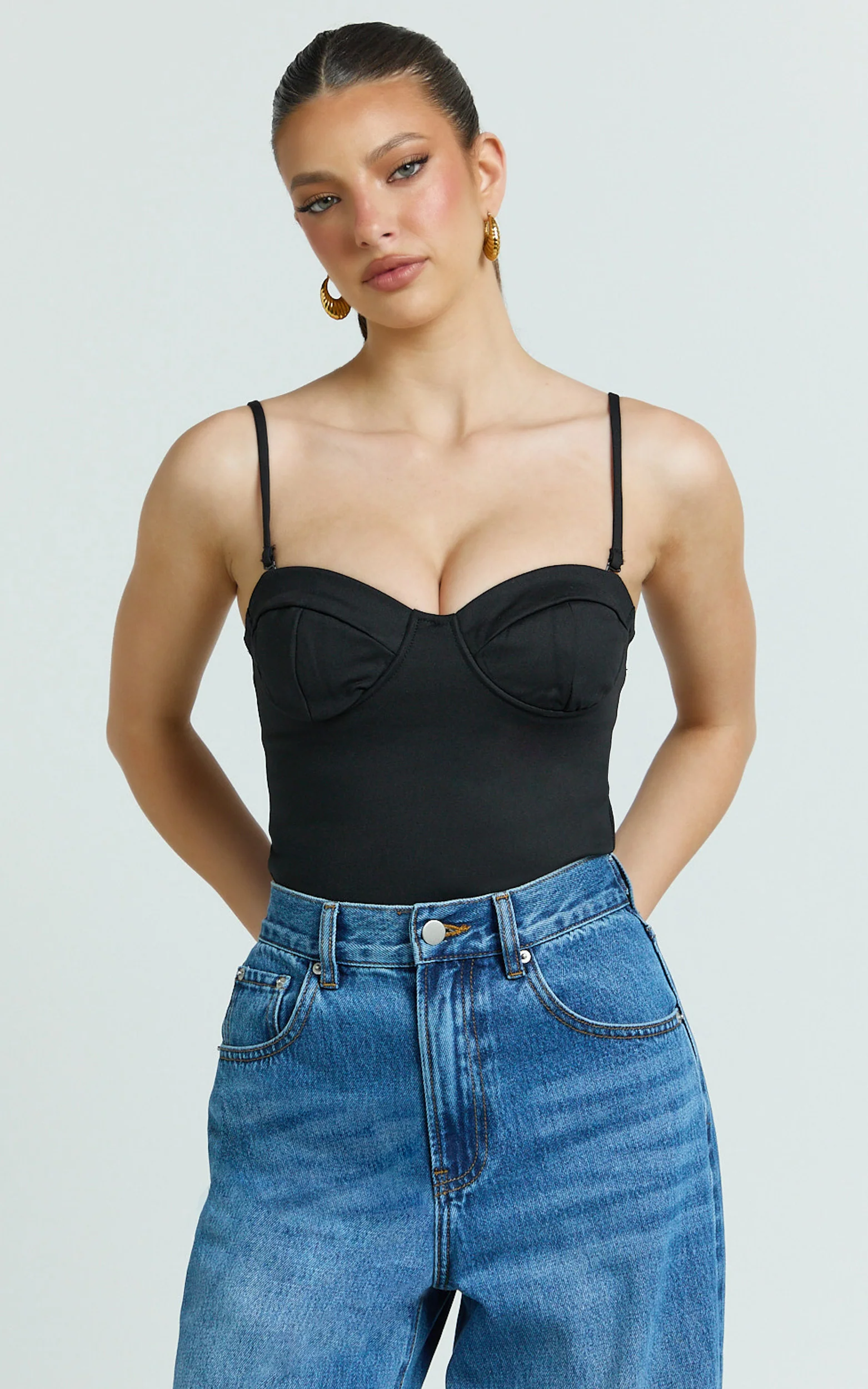 Wenalyn Bodysuit - Removable Straps Balconette High Leg Bodysuit in Black