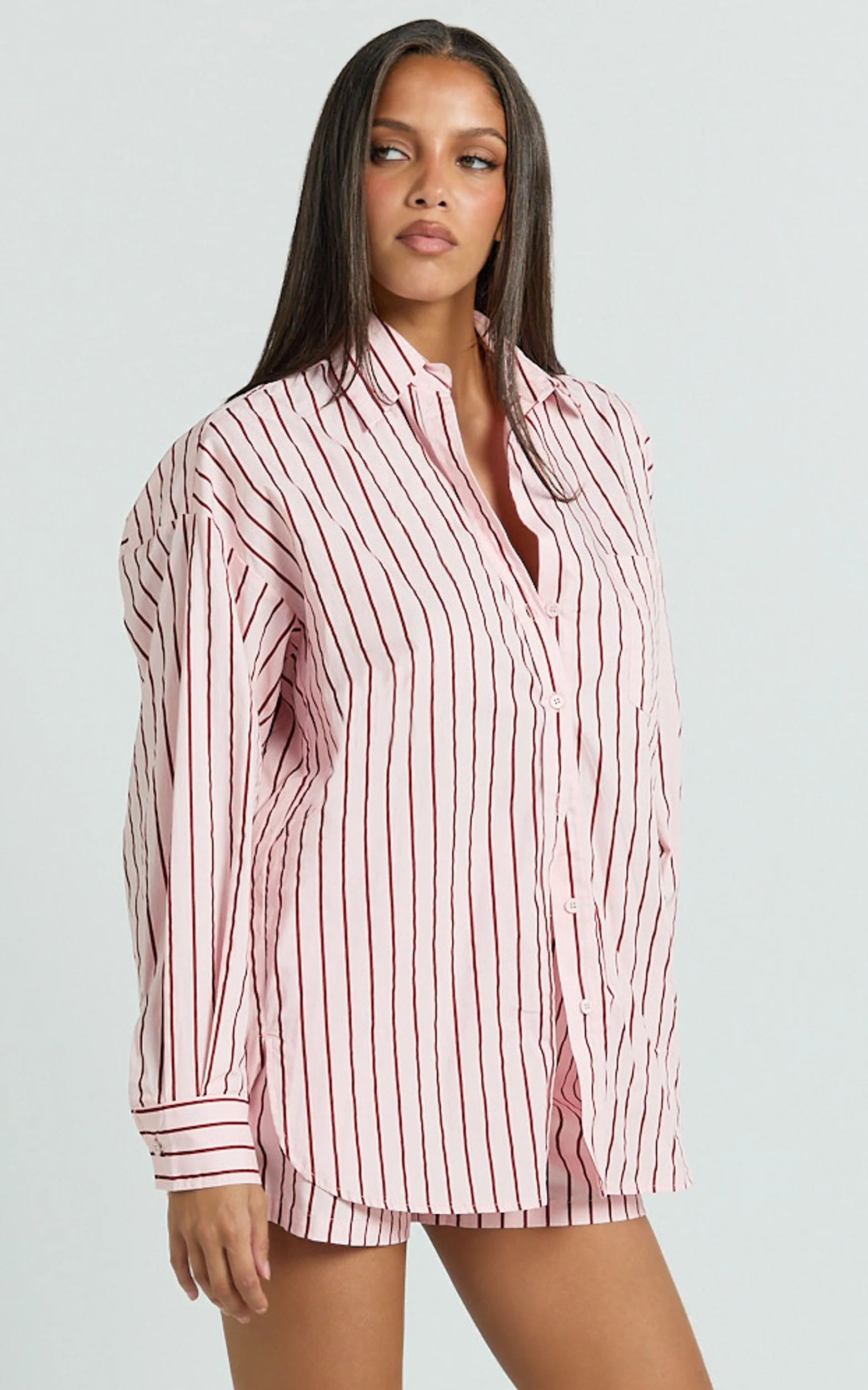 Tristan Top - Oversized Button Down Long Sleeve Striped Shirt in Pink