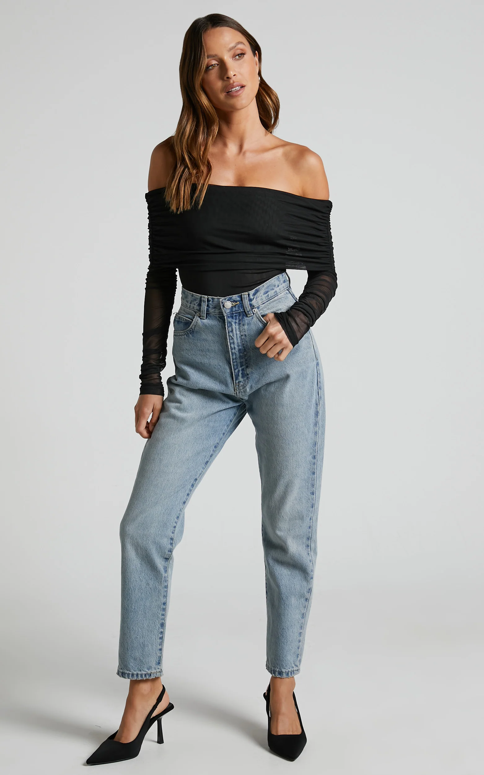 Jaythen Bodysuit - Long Sleeve Off Shoulder Ruched Mesh Bodysuit in Black