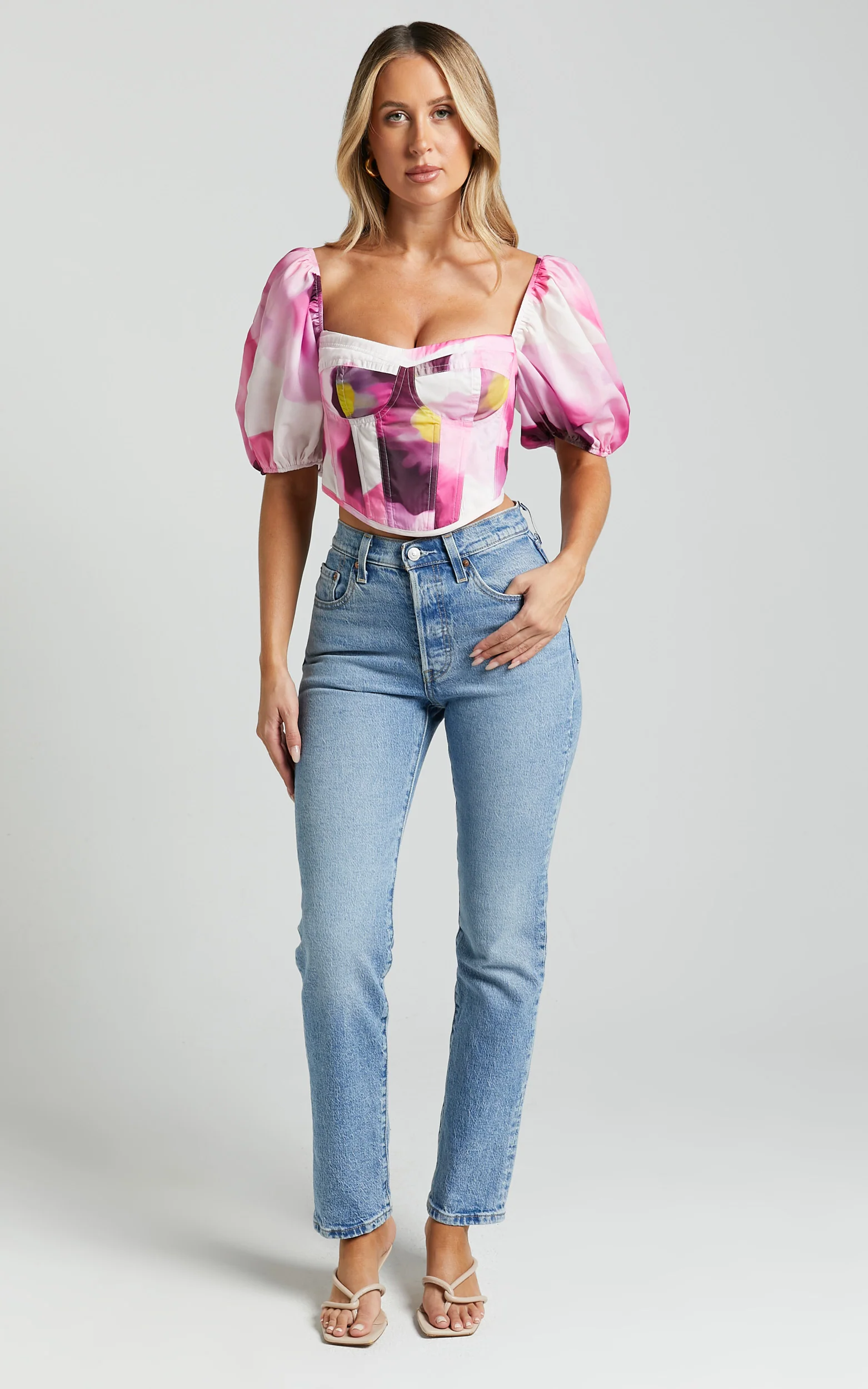 Lucienna Top - Sweetheart Blouson Puff Sleeve Corset in Zinnia Bloom