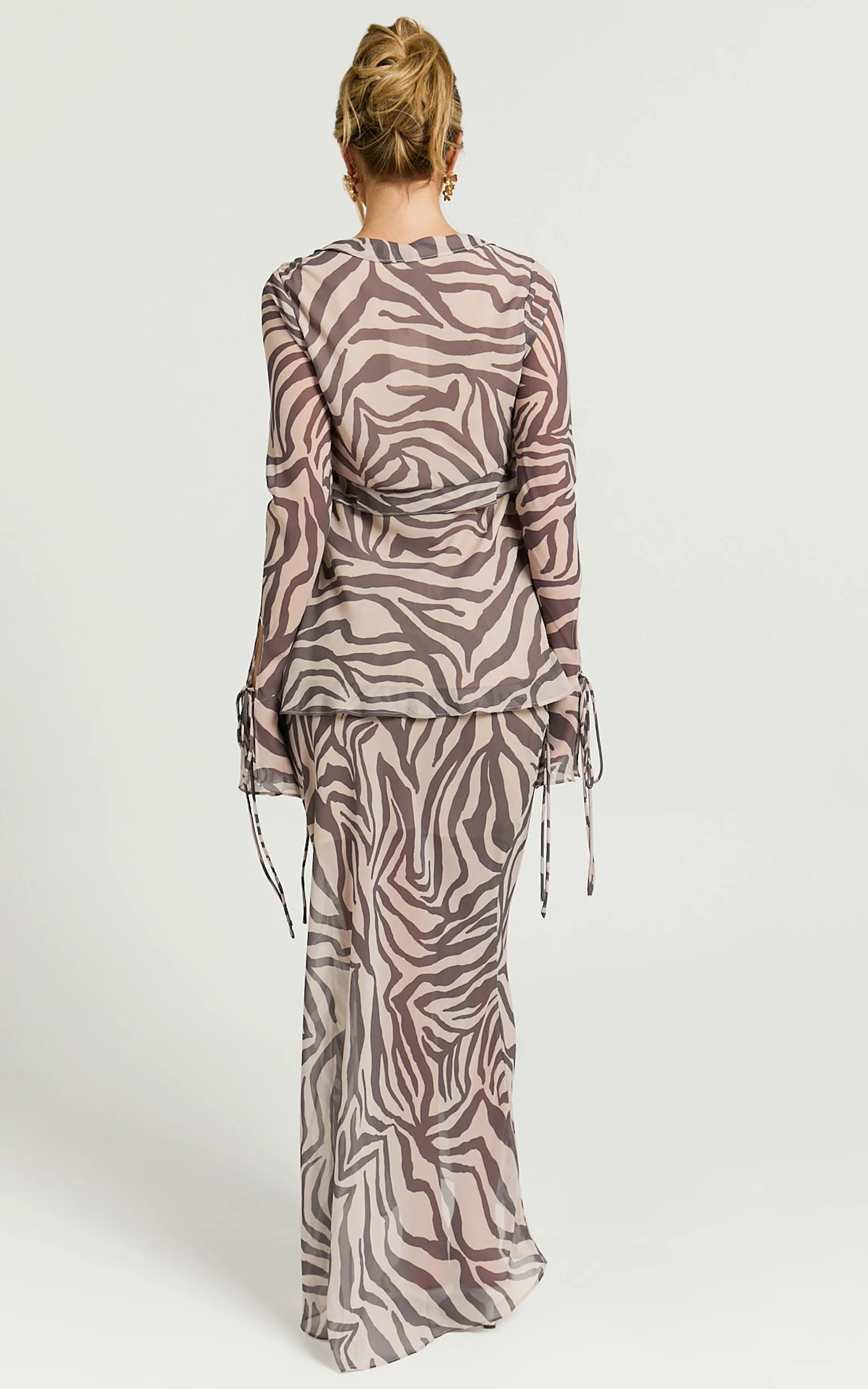 Rita Top - Georgette Tie Front Flared Sleeve Top in Abstract Zebra Print