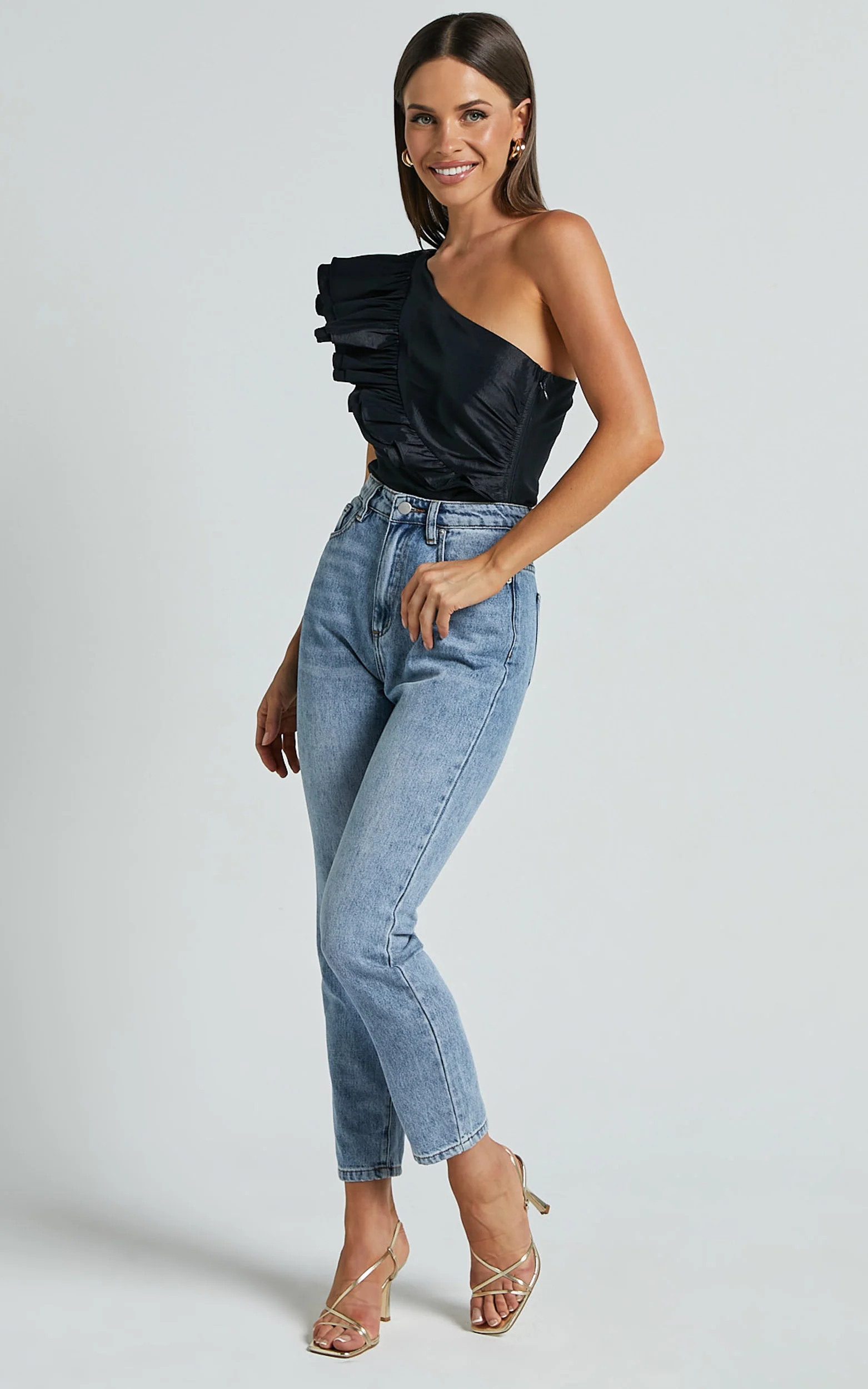 Kirby Top - One Shoulder Frill Top in Black
