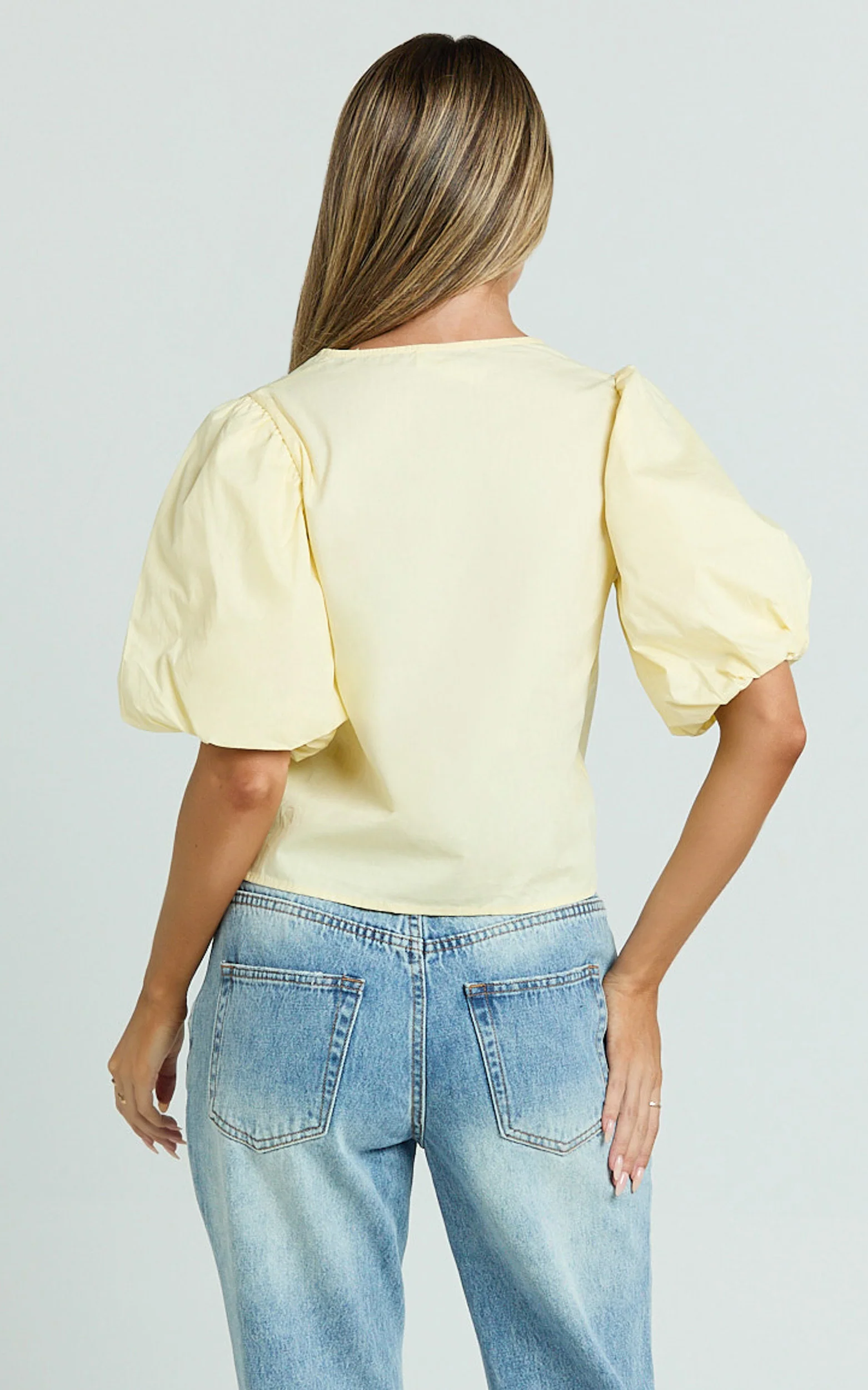 Dana Top - Bow Tie Front Puff Sleeve Blouse in Lemon
