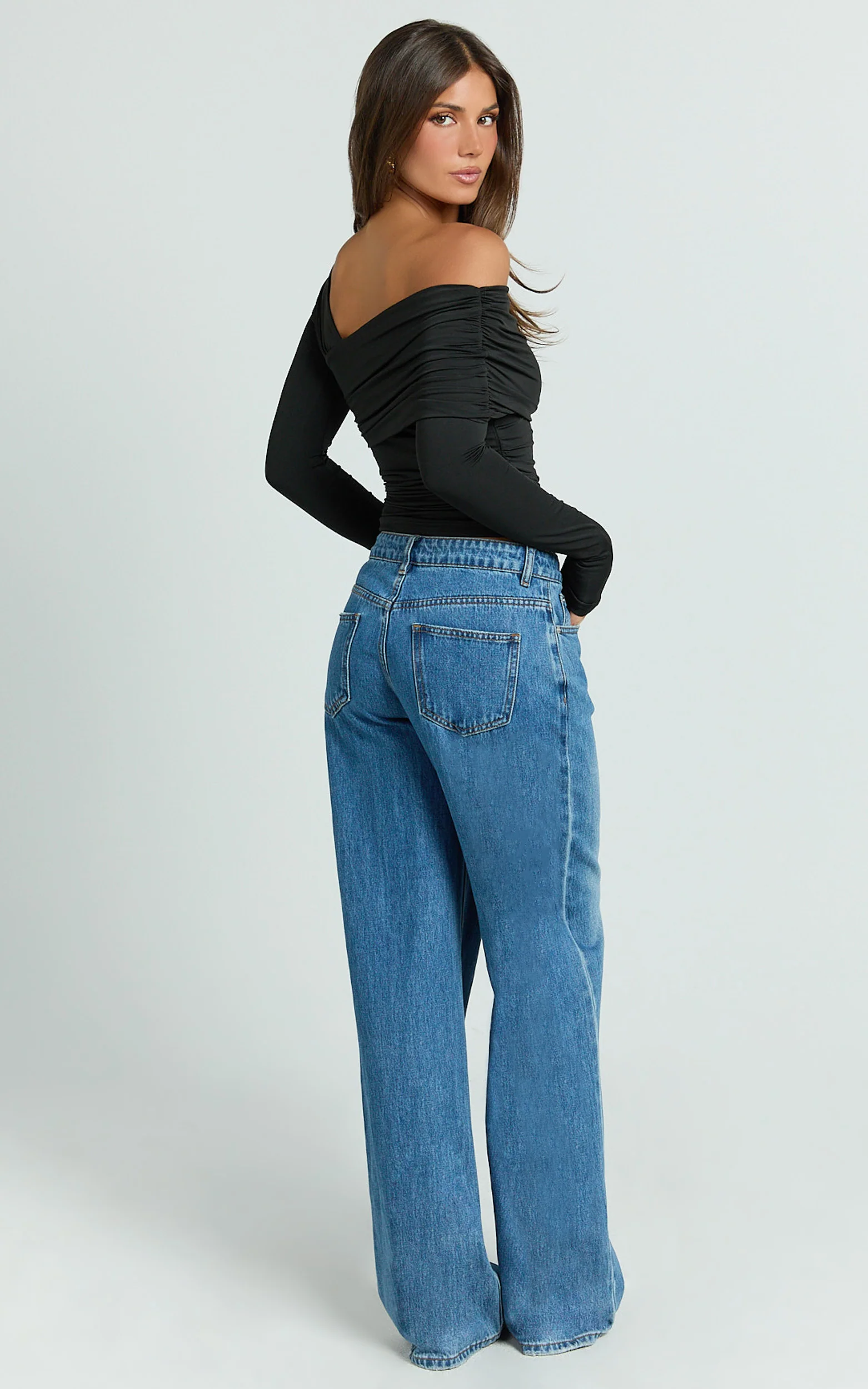 Cate Top - Long Sleeve Asymmetrical Neckline Top in Black