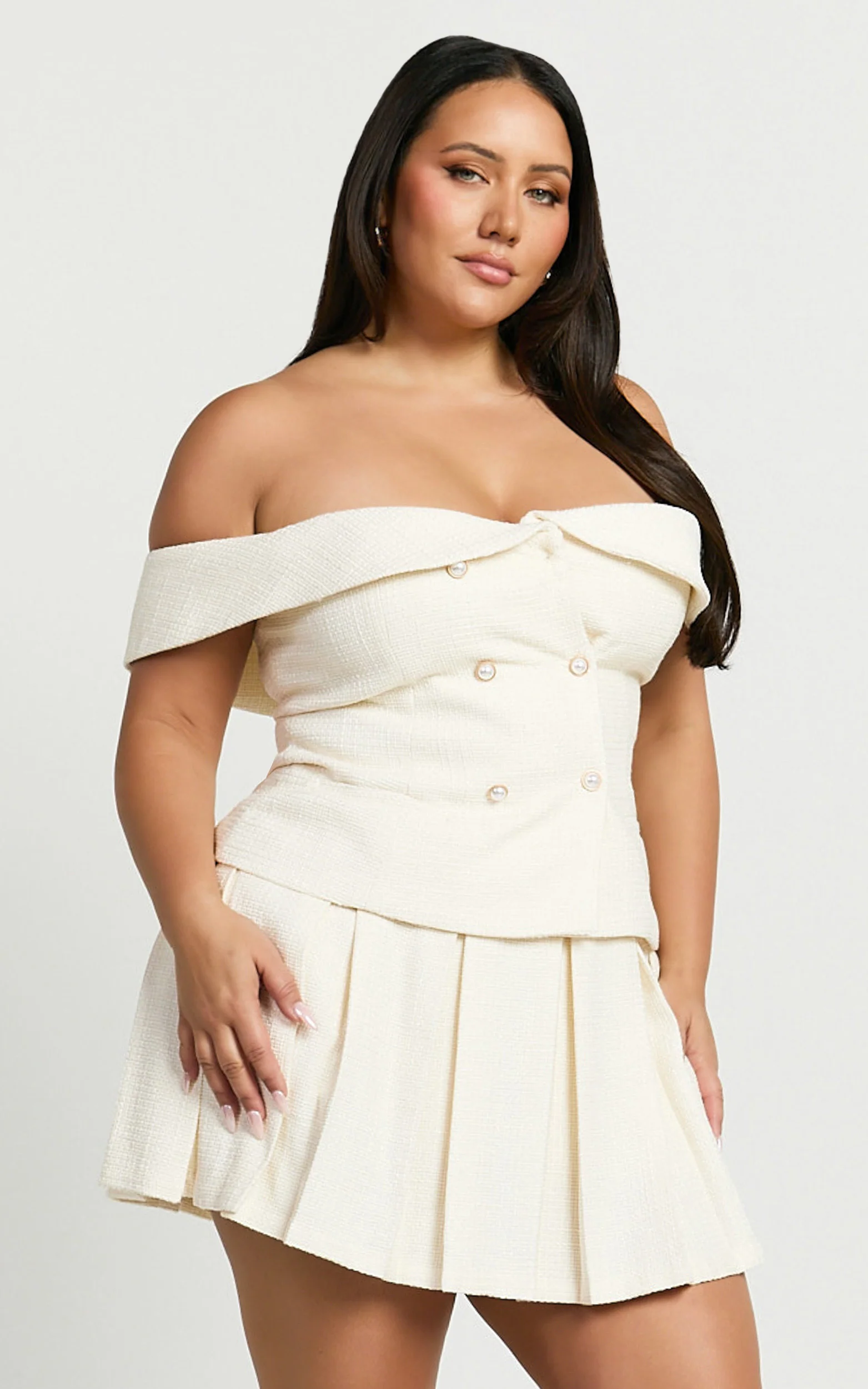 Maggie Top - Off Shoulder Boucle Vest in Cream