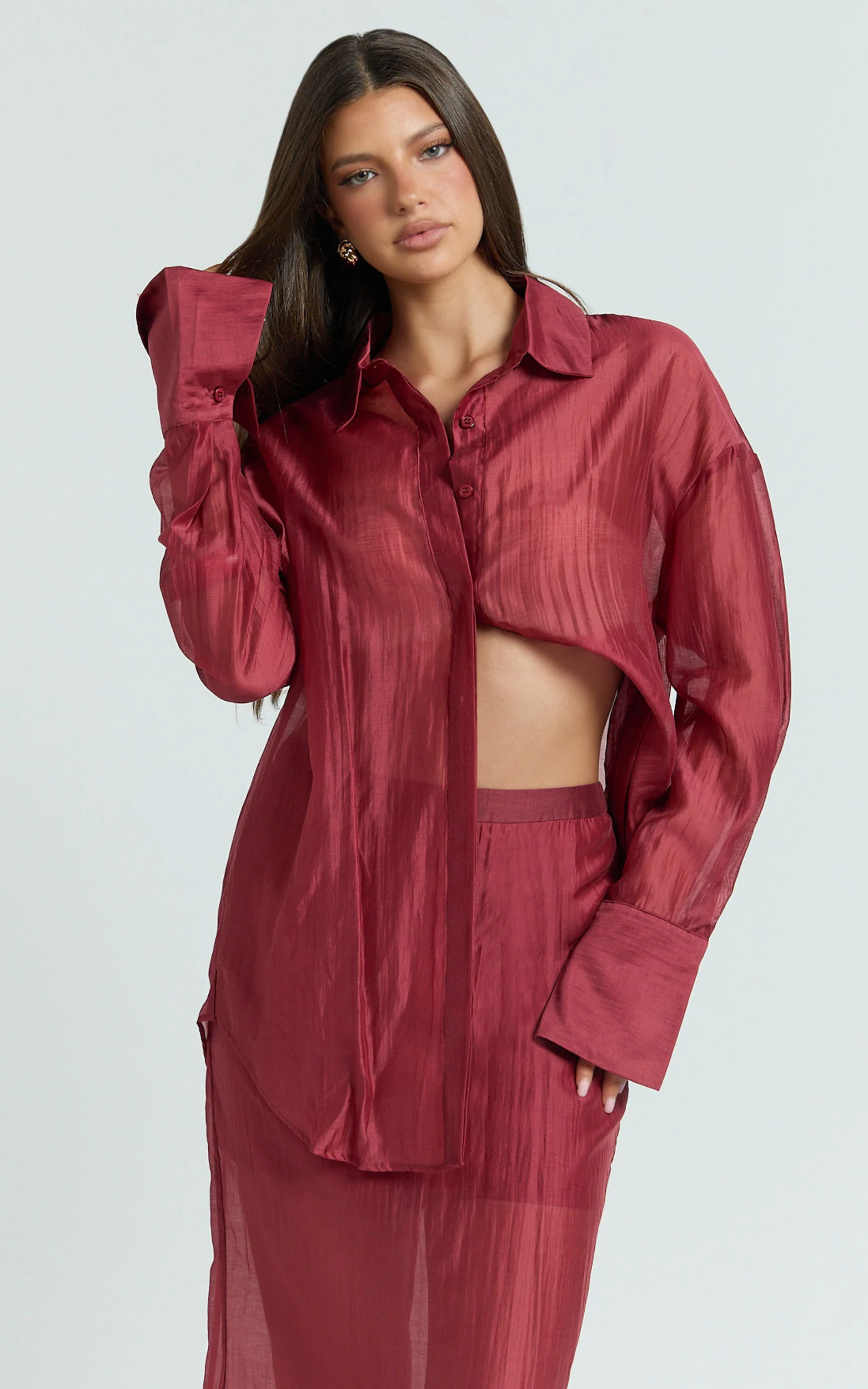 Amalia Top - Sheer Concealed Placket Collared Shirt in Cherry