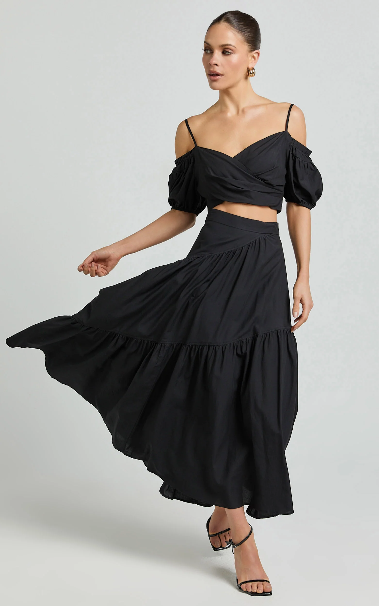 Bella Top - Off Shoulder Cross Over Puff Sleeve Crop Top in Black
